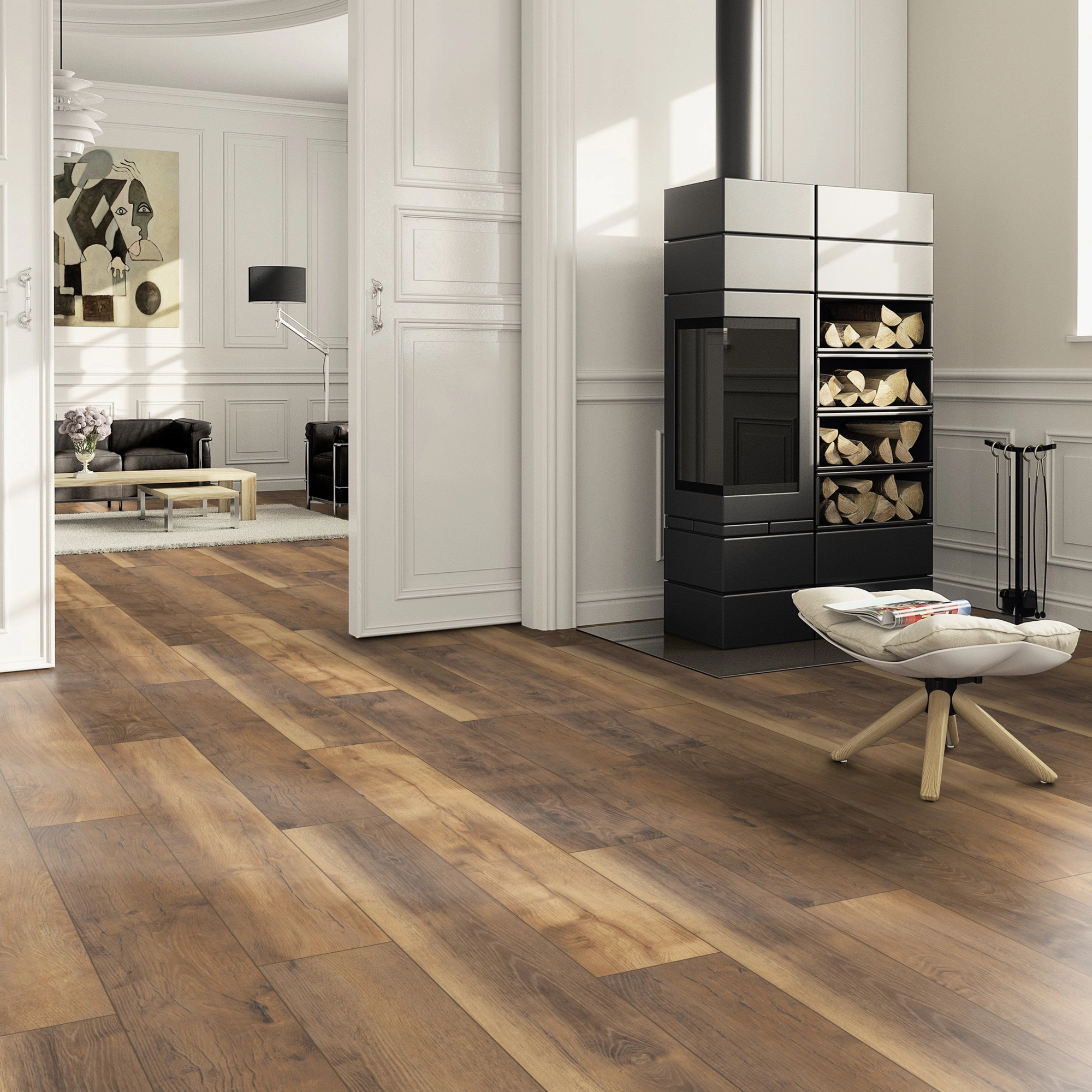 Milieubild Wohnzimmer im Landhaus-Stil mit Kamin - ter Hürne Klick-Designboden Dureco Strong Classic Edition Eiche Malibu Milieubild Wohnzimmer im Landhaus-Stil mit Kamin - ter Hürne 1101260044