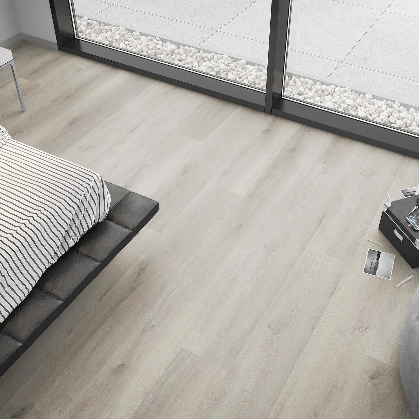 Milieubild Schlafzimmer mit Sitzkissen - nexflor Rigid Klick-Vinyl Helios Click Collection Teos Oak Milieubild Schlafzimmer mit Sitzkissen - nexflor NXF-20030-004