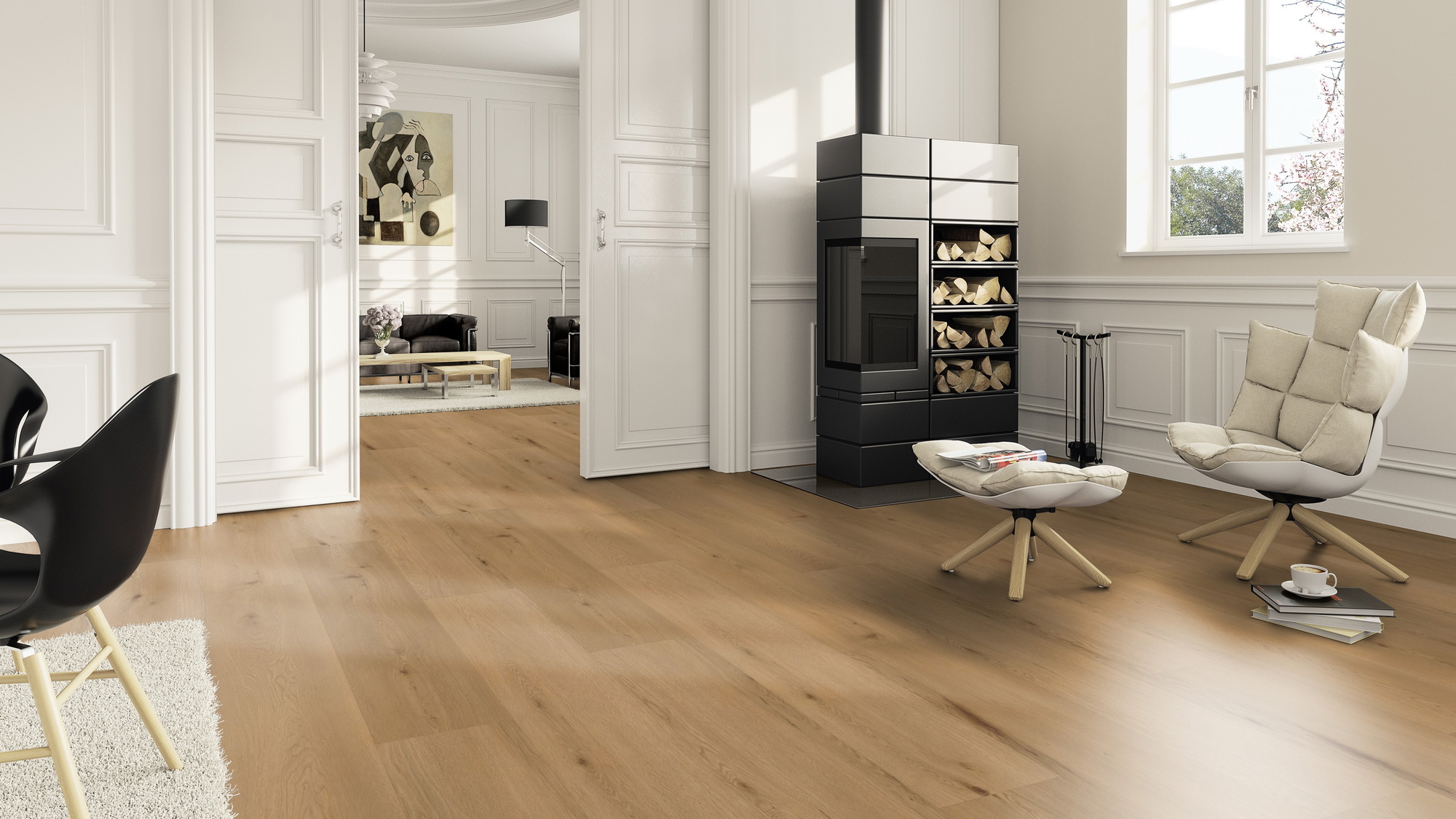 Milieubild Wohnzimmer im Landhaus-Stil mit Kamin - ter Hürne Klebe-Vinyl Pro Classic Edition Eiche Lyon Milieubild Wohnzimmer im Landhaus-Stil mit Kamin - ter Hürne 1101210424