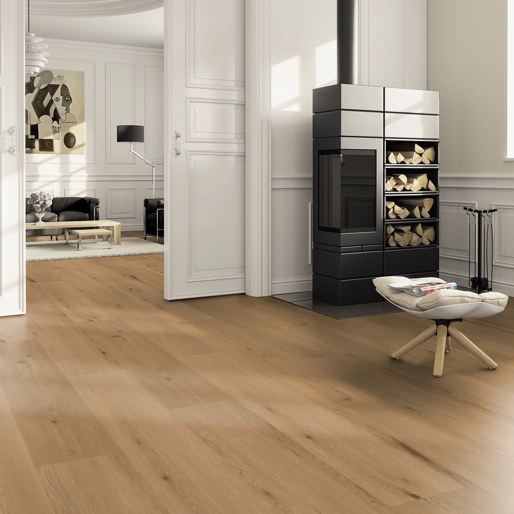 Milieubild Wohnzimmer im Landhaus-Stil mit Kamin - ter Hürne Klebe-Vinyl Pro Classic Edition Eiche Lyon Milieubild Wohnzimmer im Landhaus-Stil mit Kamin - ter Hürne 1101210424