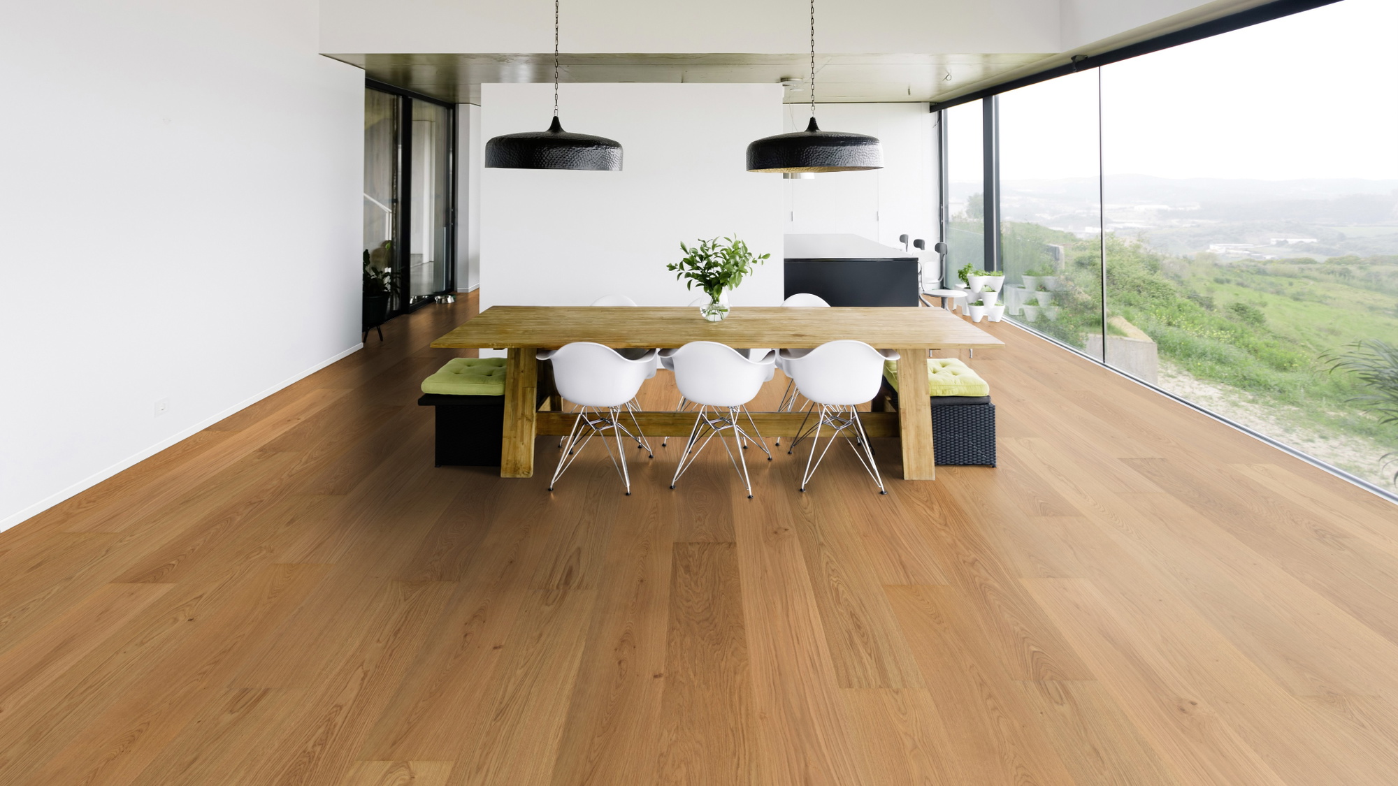 Milieubild Modernes Esszimmer mit Blick in die Natur - Bennett & Jones Parkett Grand Houses Oak No.14 Windsor Milieubild Modernes Esszimmer mit Blick in die Natur - Bennett & Jones 1148012291