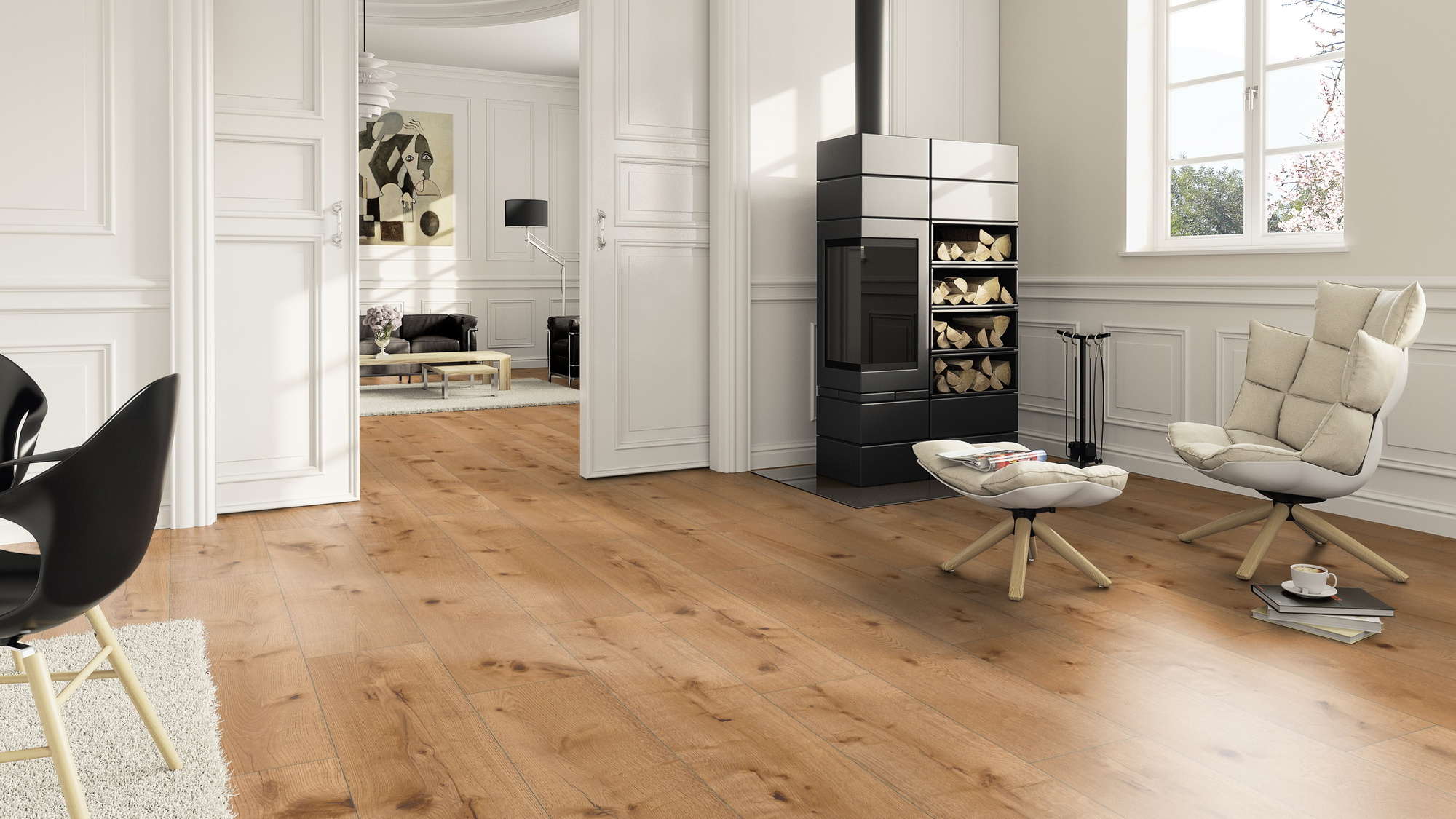 Milieubild Wohnzimmer im Landhaus-Stil mit Kamin - ter Hürne Klebe-Designboden Avatara Pro Classic Edition Eiche Juno Milieubild Wohnzimmer im Landhaus-Stil mit Kamin - ter Hürne 1101270112