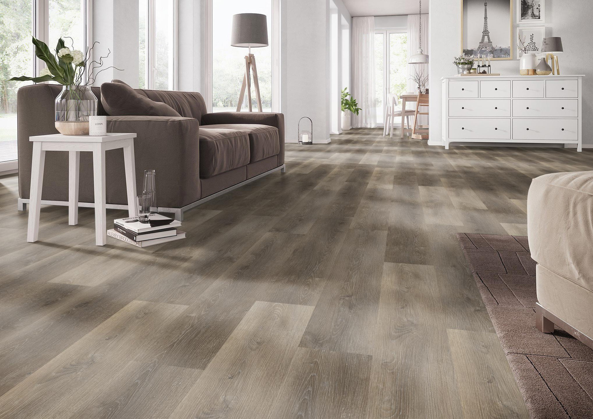 Milieubild Wohnzimmer mit Couch - nexflor Rigid Klick-Vinyl Apollo Click Collection Rhodes Oak Milieubild Wohnzimmer mit Couch - nexflor NXF-60030-010