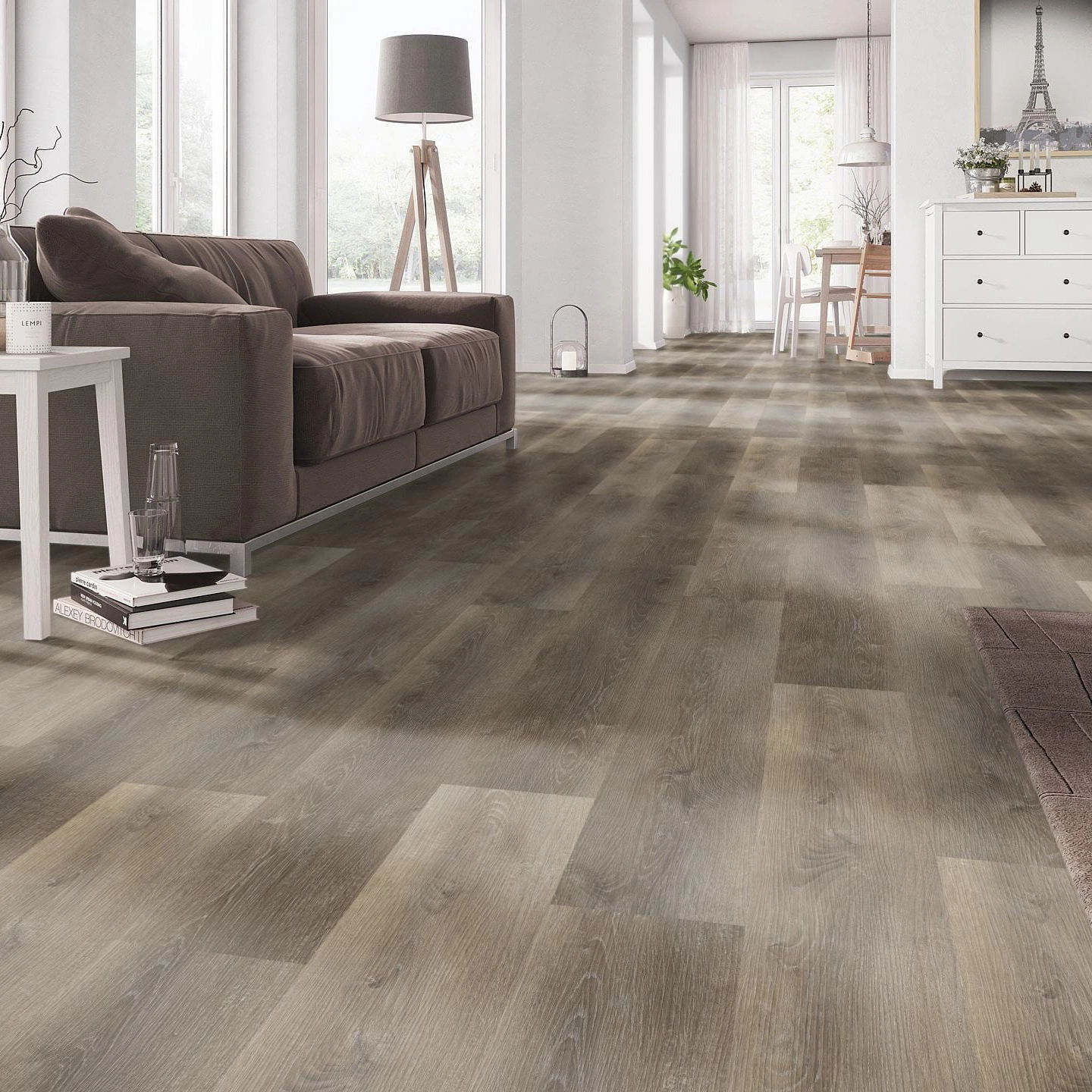 Milieubild Wohnzimmer mit Couch - nexflor Rigid Klick-Vinyl Apollo Click Collection Rhodes Oak Milieubild Wohnzimmer mit Couch - nexflor NXF-60030-010