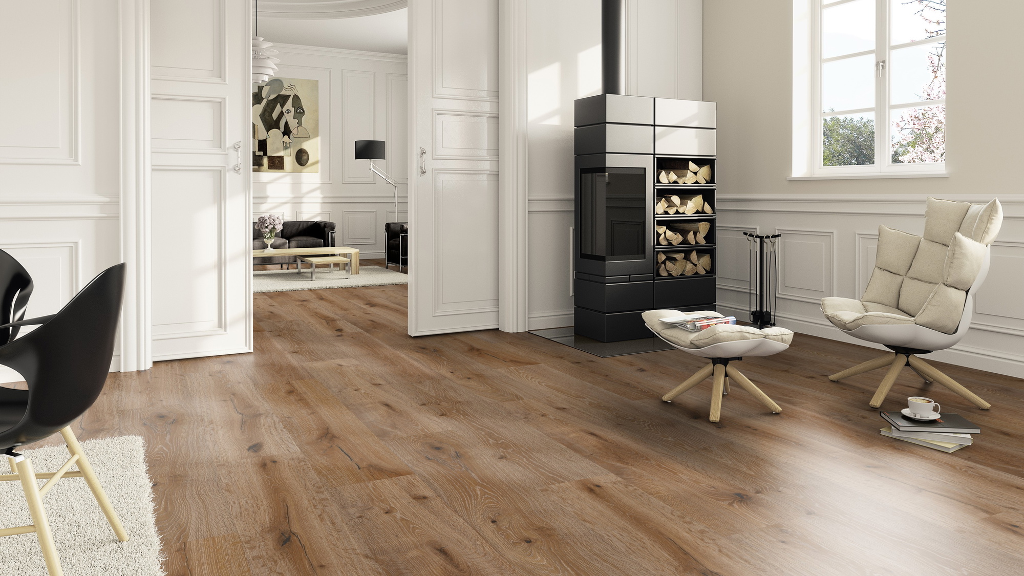Milieubild Wohnzimmer im Landhaus-Stil mit Kamin - ter Hürne Klebe-Designboden Avatara Pro Classic Edition Eiche Lyra Milieubild Wohnzimmer im Landhaus-Stil mit Kamin - ter Hürne 1101270104