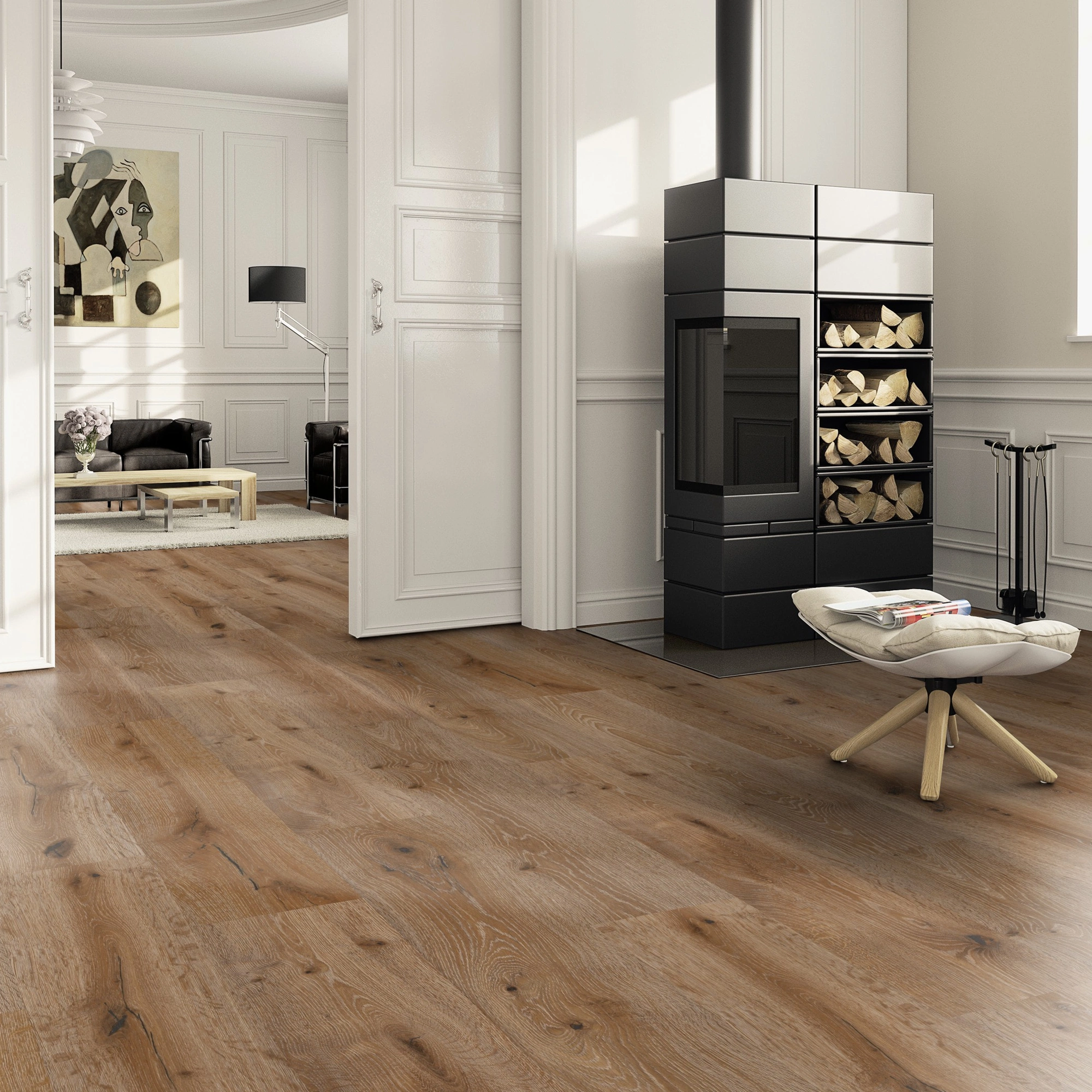 Milieubild Wohnzimmer im Landhaus-Stil mit Kamin - ter Hürne Klebe-Designboden Avatara Pro Classic Edition Eiche Lyra Milieubild Wohnzimmer im Landhaus-Stil mit Kamin - ter Hürne 1101270104