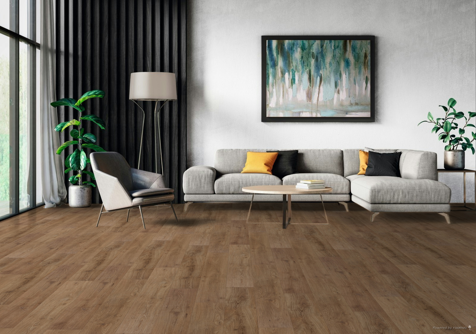 Milieubild Modernes Wohnzimmer mit Sessel und Sofa - BerryAlloc Klebe-Vinyl Zenn Gluedown 55 Porto Milieubild Modernes Wohnzimmer mit Sessel und Sofa - BerryAlloc 60002255