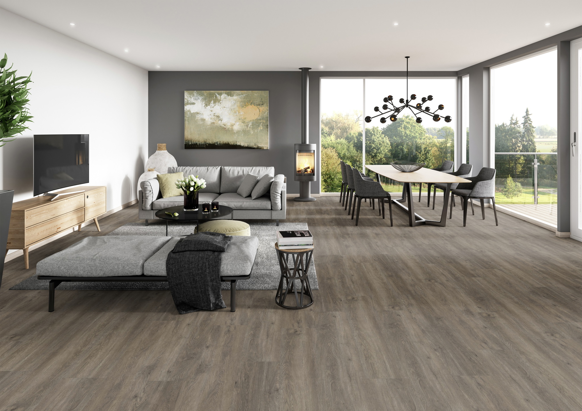 Milieubild Modernes Wohnzimmer mit Essbereich - ter Hürne Klebe-Vinyl Pro Classic Choice Eiche Canberra Milieubild Modernes Wohnzimmer mit Essbereich - ter Hürne 1101210605