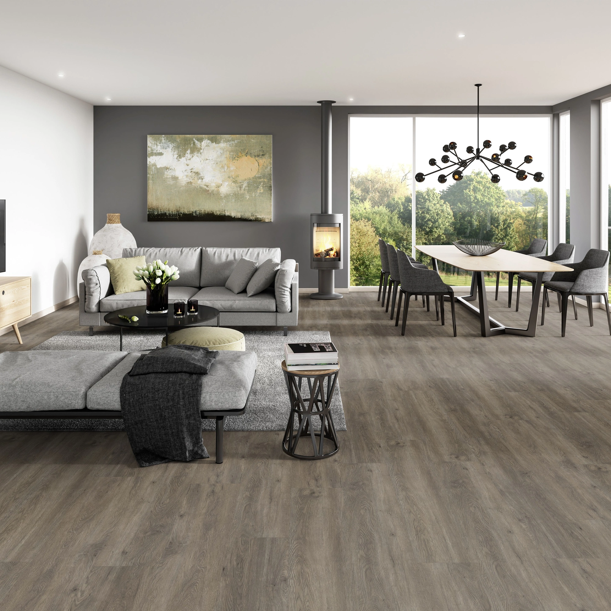 Milieubild Modernes Wohnzimmer mit Essbereich - ter Hürne Klebe-Vinyl Pro Classic Choice Eiche Canberra Milieubild Modernes Wohnzimmer mit Essbereich - ter Hürne 1101210605