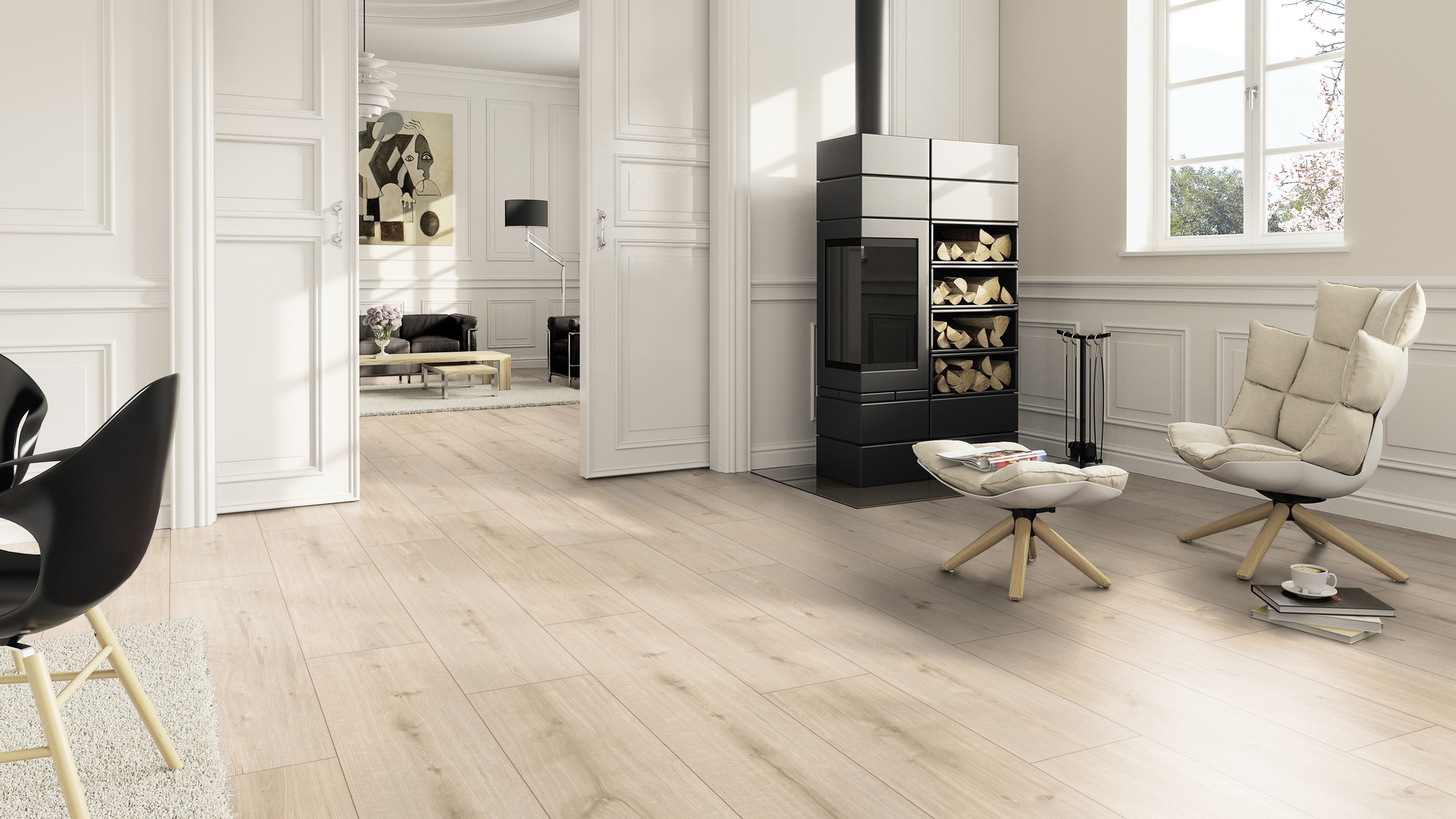 Milieubild Wohnzimmer im Landhaus-Stil mit Kamin - ter Hürne Klebe-Designboden Avatara Pro Classic Edition Eiche Deimos Milieubild Wohnzimmer im Landhaus-Stil mit Kamin - ter Hürne 1101270103