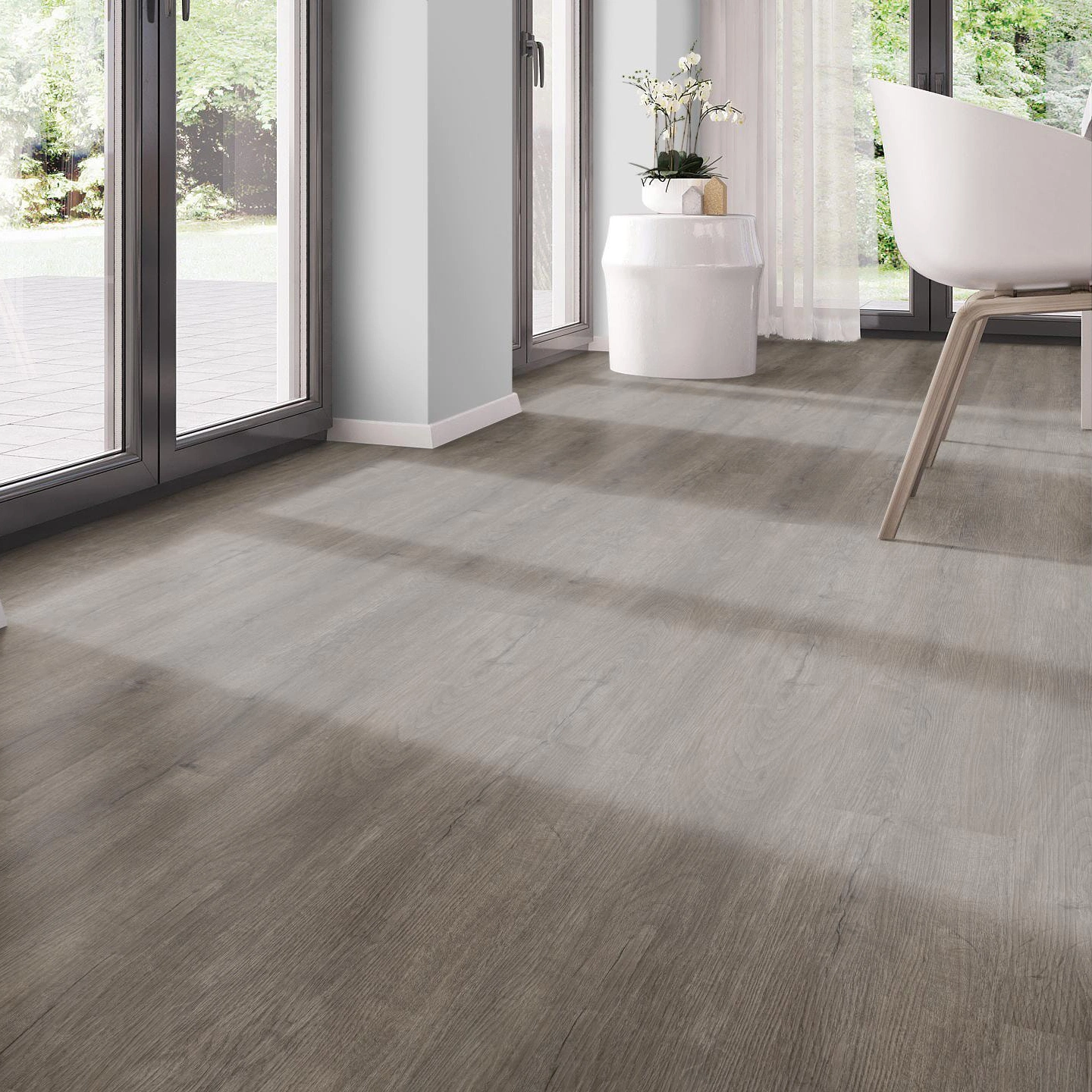 Milieubild Modernes Esszimmer - bodentiefe Perspektive - nexflor Rigid Klick-Vinyl Apollo Click Collection Sparta Oak Milieubild Modernes Esszimmer - bodentiefe Perspektive - nexflor NXF-60030-006