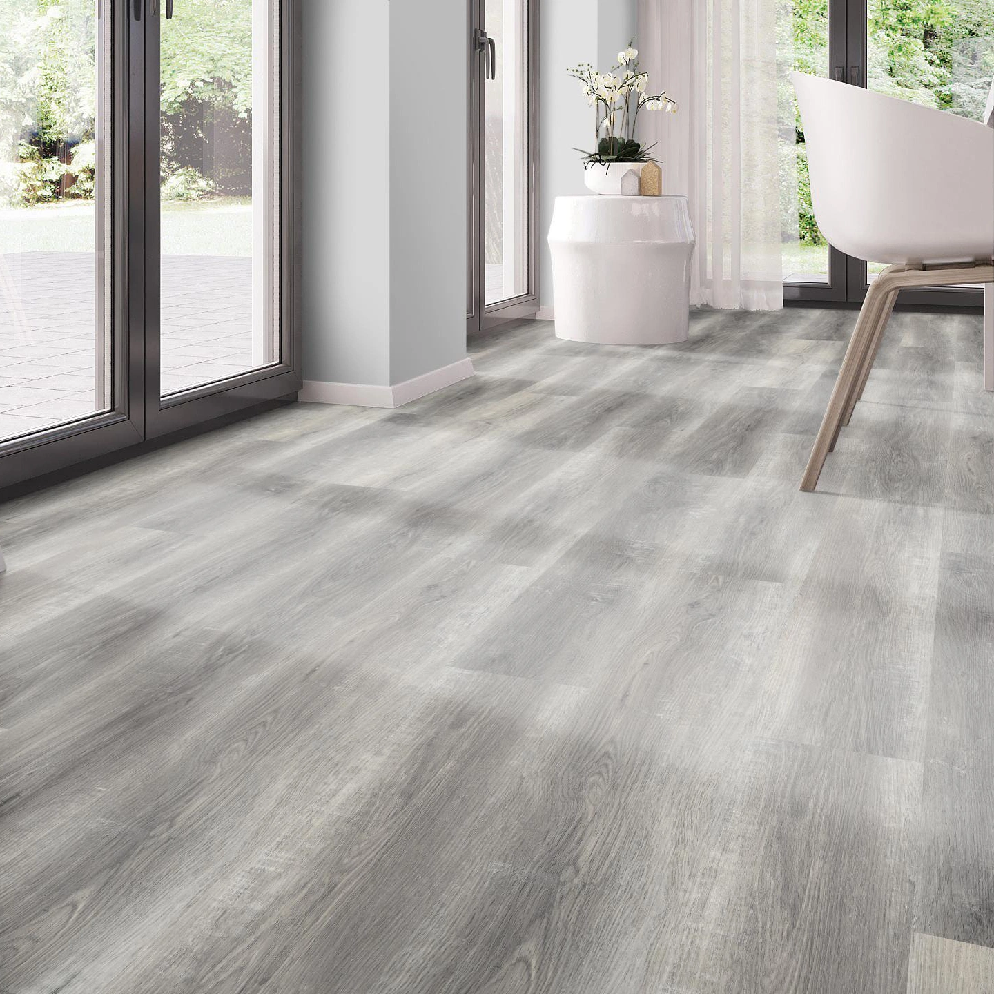 Milieubild Modernes Esszimmer - bodentiefe Perspektive - nexflor Rigid Klick-Vinyl Apollo Click Collection Troy Oak Milieubild Modernes Esszimmer - bodentiefe Perspektive - nexflor NXF-60030-004