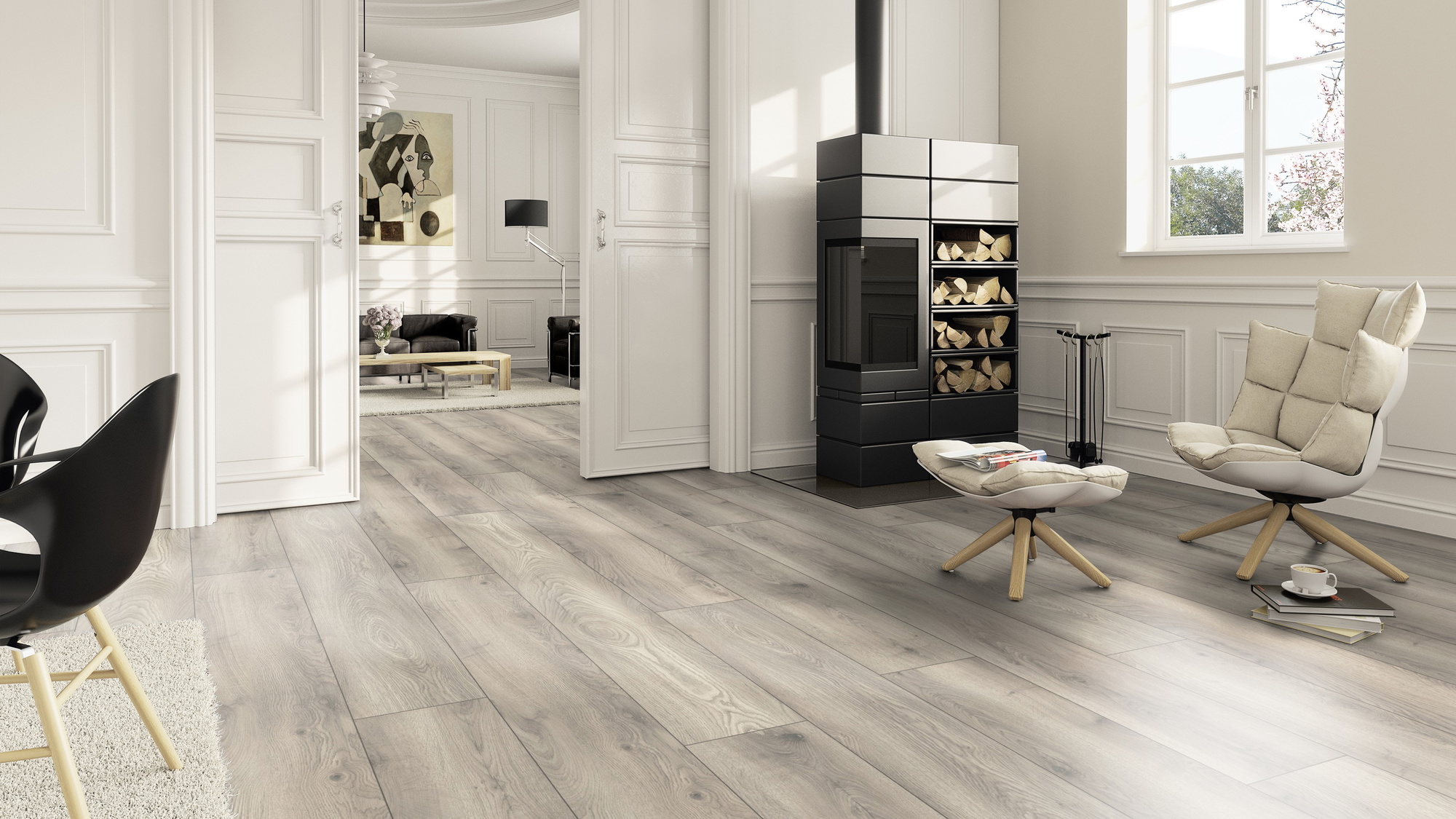 Milieubild Wohnzimmer im Landhaus-Stil mit Kamin - ter Hürne HDF Klick-Designboden Dureco Silent Grand Edition Eiche Vanuatu Milieubild Wohnzimmer im Landhaus-Stil mit Kamin - ter Hürne 1101330007