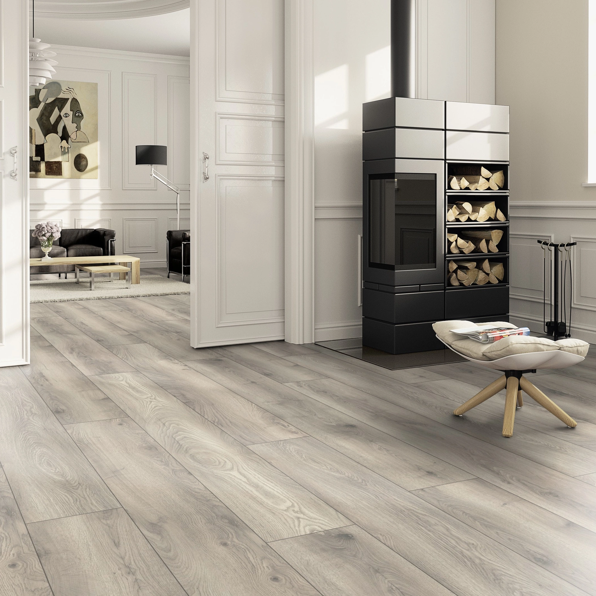 Milieubild Wohnzimmer im Landhaus-Stil mit Kamin - ter Hürne HDF Klick-Designboden Dureco Silent Grand Edition Eiche Vanuatu Milieubild Wohnzimmer im Landhaus-Stil mit Kamin - ter Hürne 1101330007