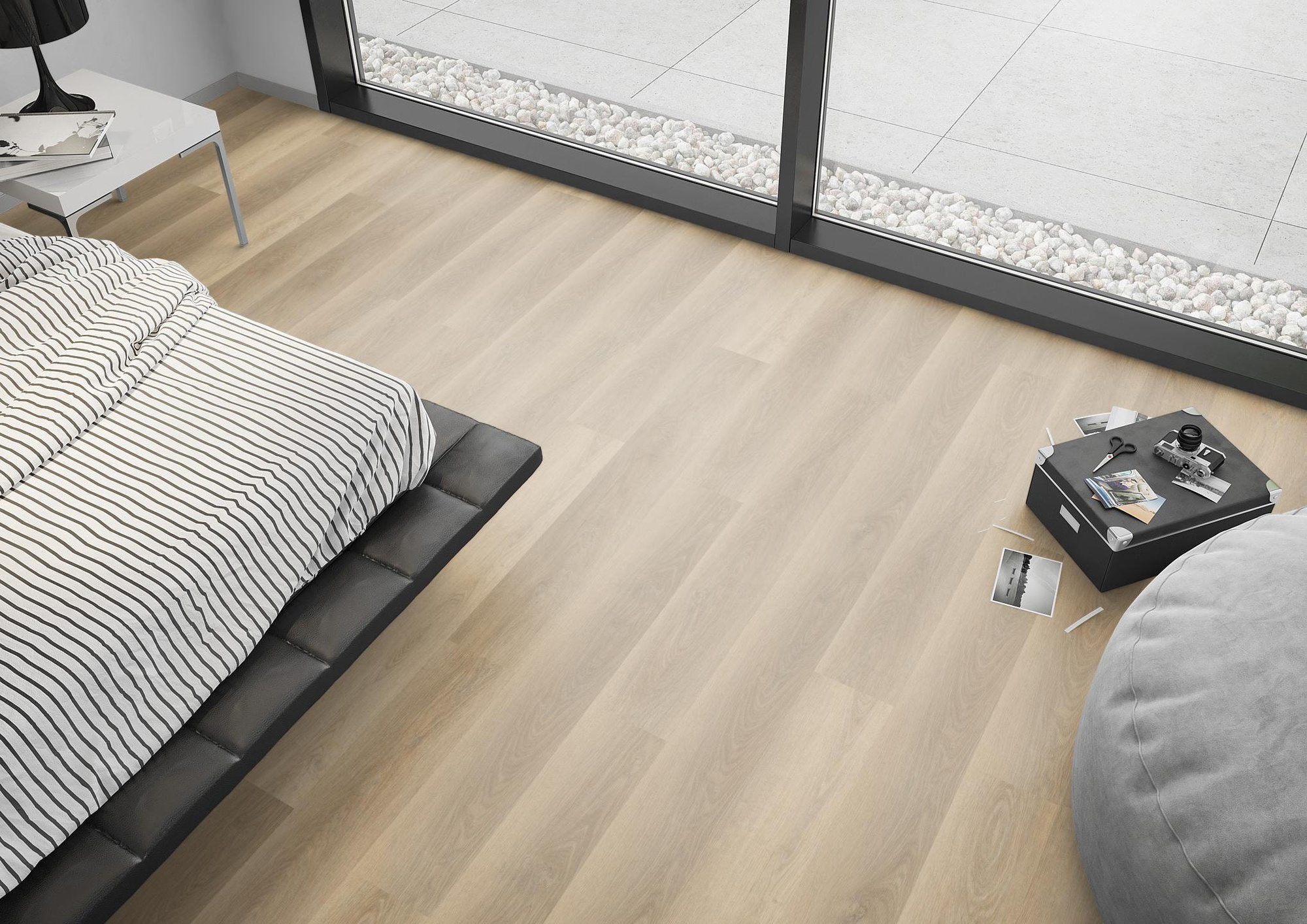 Milieubild Schlafzimmer mit Sitzkissen - nexflor Rigid Klick-Vinyl Apollo Click Collection Thebes Oak Milieubild Schlafzimmer mit Sitzkissen - nexflor NXF-60030-013