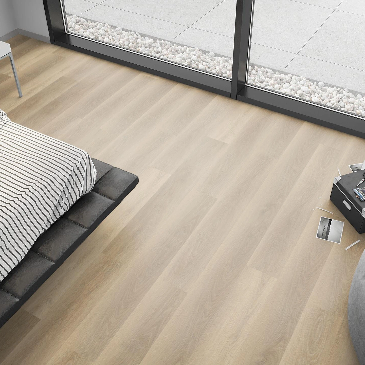 Milieubild Schlafzimmer mit Sitzkissen - nexflor Rigid Klick-Vinyl Apollo Click Collection Thebes Oak Milieubild Schlafzimmer mit Sitzkissen - nexflor NXF-60030-013