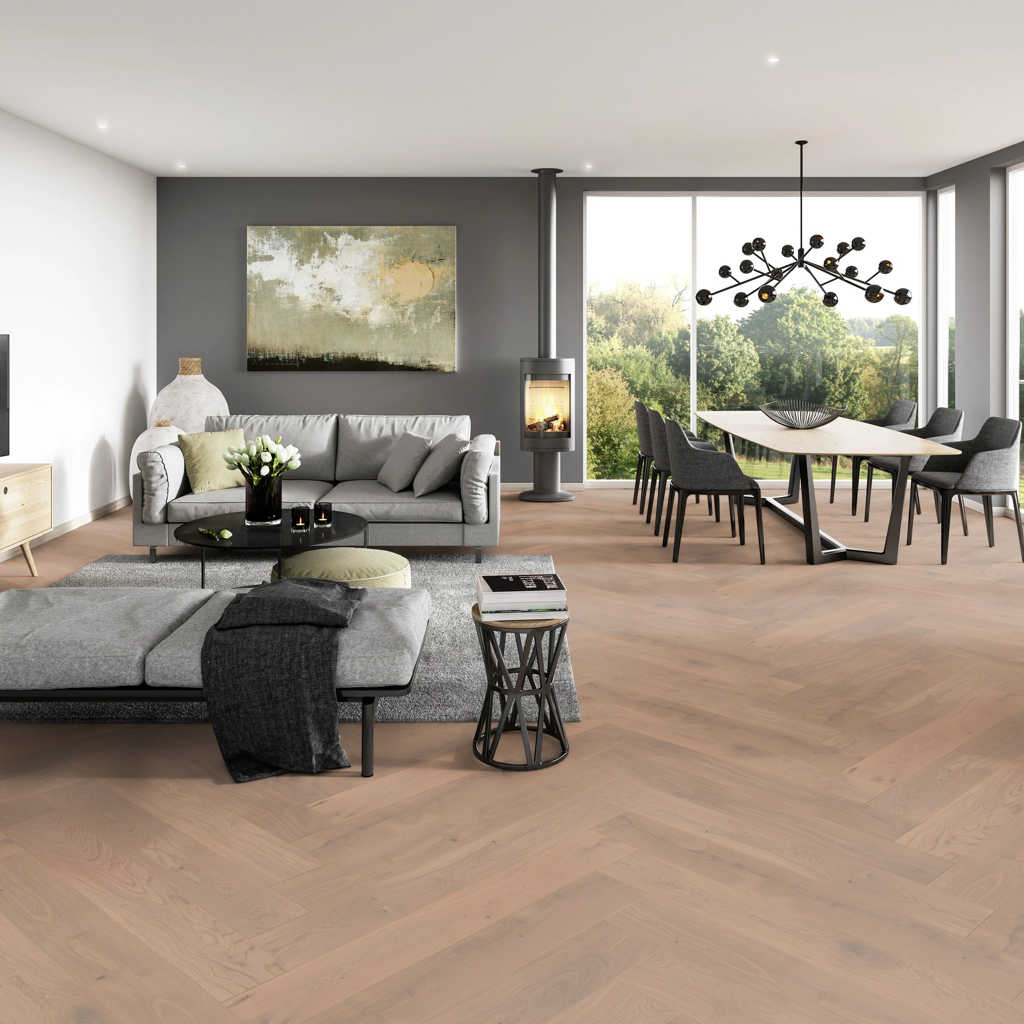 Milieubild Modernes Wohnzimmer mit Essbereich - ter Hürne Parkett Herringbone Collection Eiche Amrum Milieubild Modernes Wohnzimmer mit Essbereich - ter Hürne 1101312523