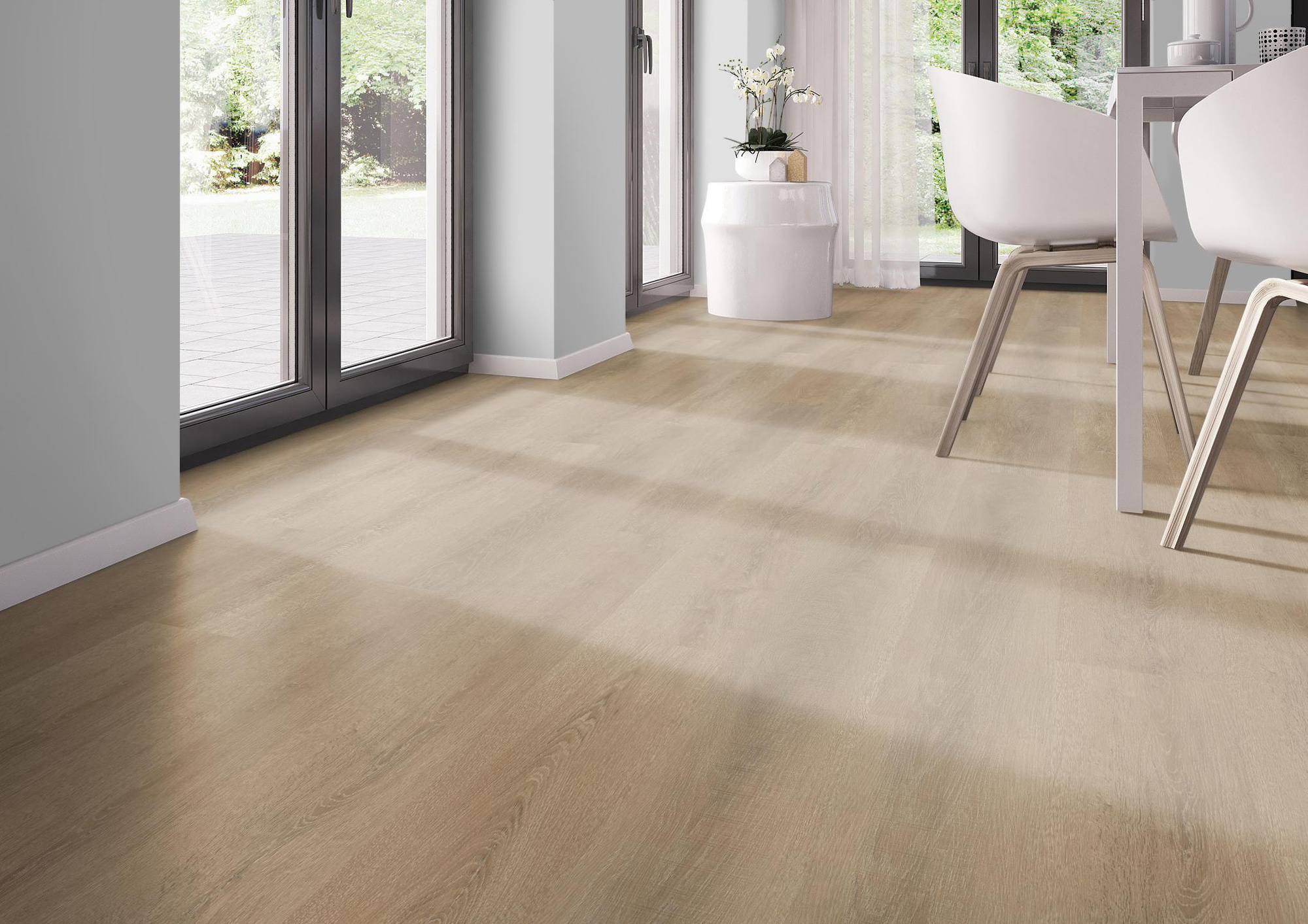 Milieubild Modernes Esszimmer - bodentiefe Perspektive - nexflor Rigid Klick-Vinyl Apollo Click Collection Kefalonia Oak Milieubild Modernes Esszimmer - bodentiefe Perspektive - nexflor NXF-60030-014