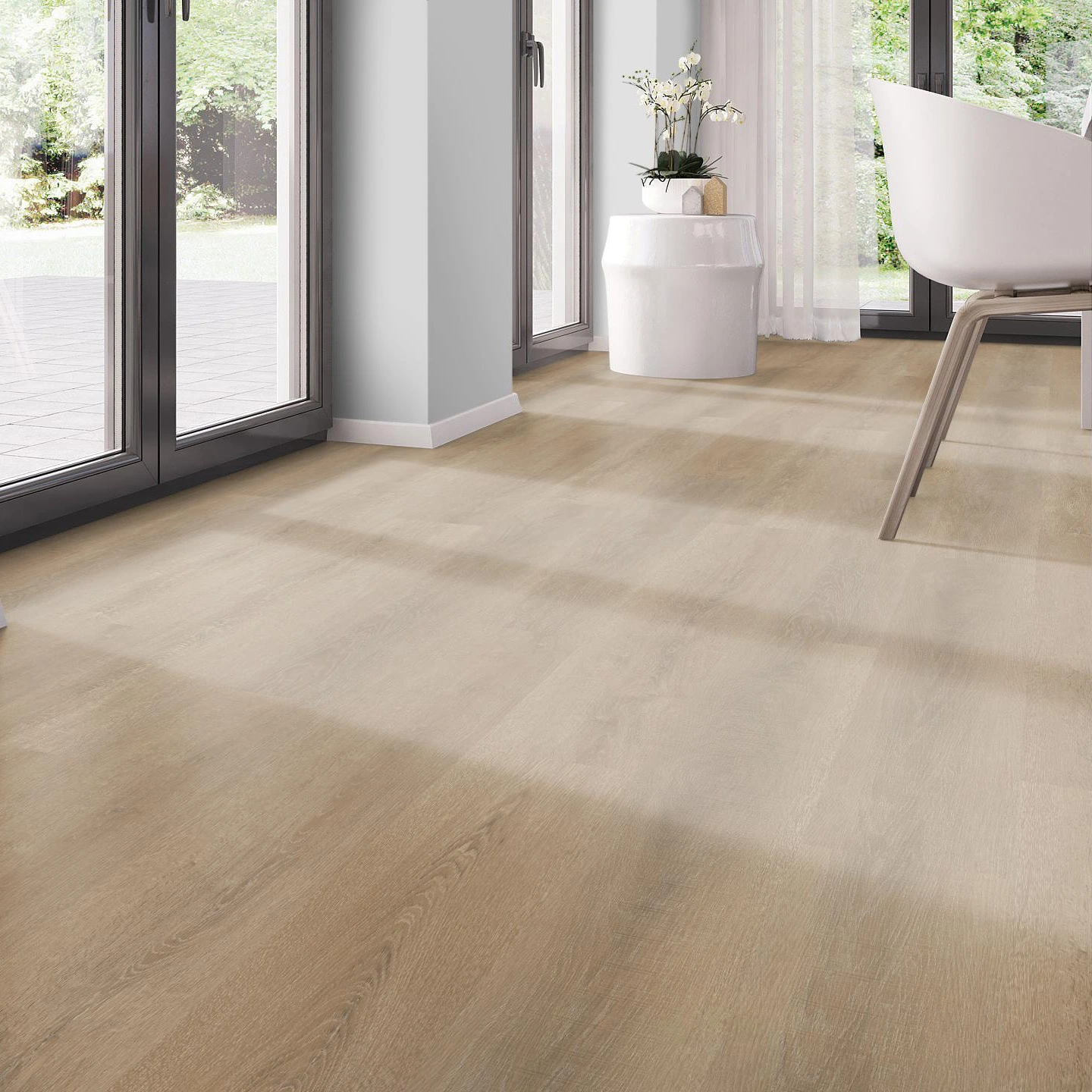 Milieubild Modernes Esszimmer - bodentiefe Perspektive - nexflor Rigid Klick-Vinyl Apollo Click Collection Kefalonia Oak Milieubild Modernes Esszimmer - bodentiefe Perspektive - nexflor NXF-60030-014
