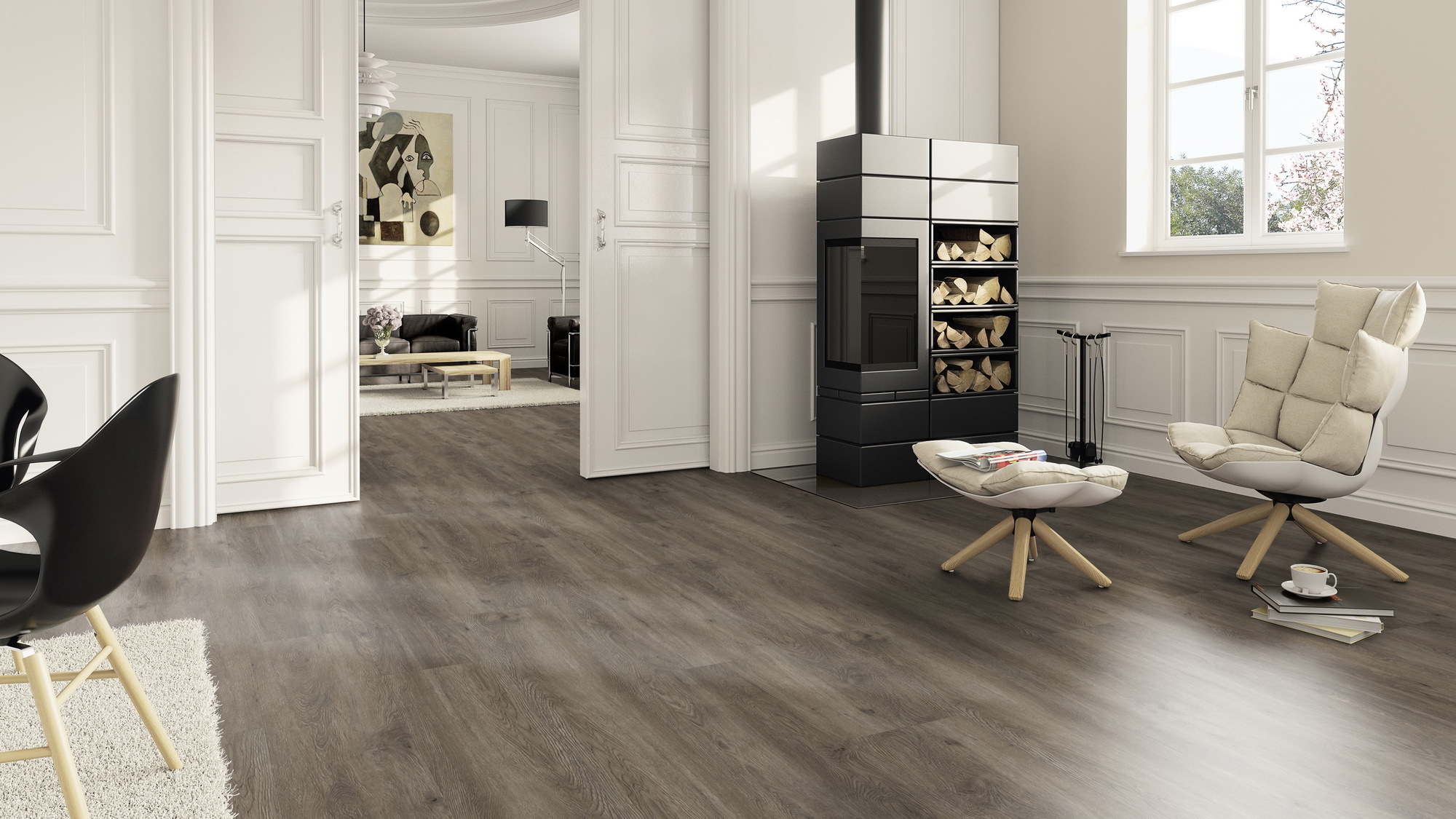 Milieubild Wohnzimmer im Landhaus-Stil mit Kamin - ter Hürne Klebe-Vinyl Pro Classic Choice Eiche Canberra Milieubild Wohnzimmer im Landhaus-Stil mit Kamin - ter Hürne 1101210605