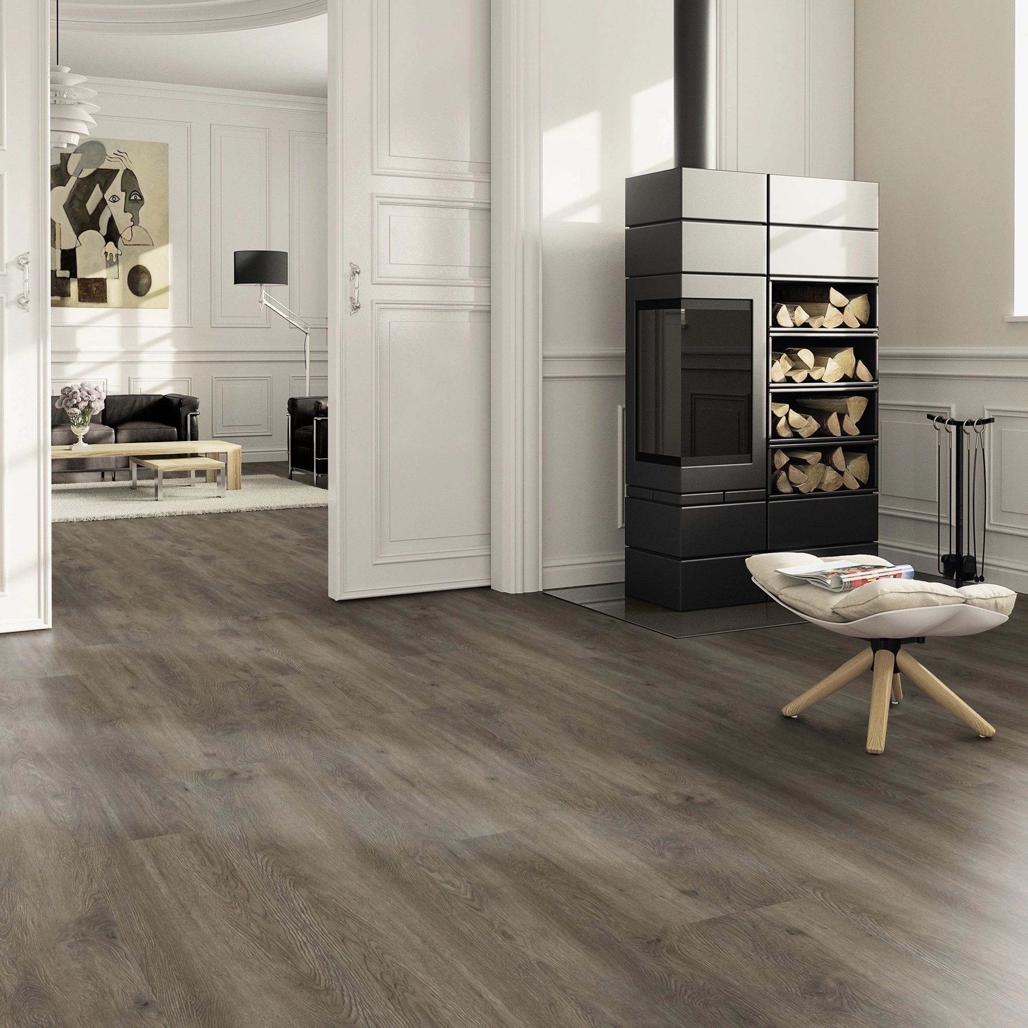 Milieubild Wohnzimmer im Landhaus-Stil mit Kamin - ter Hürne Klebe-Vinyl Pro Classic Choice Eiche Canberra Milieubild Wohnzimmer im Landhaus-Stil mit Kamin - ter Hürne 1101210605
