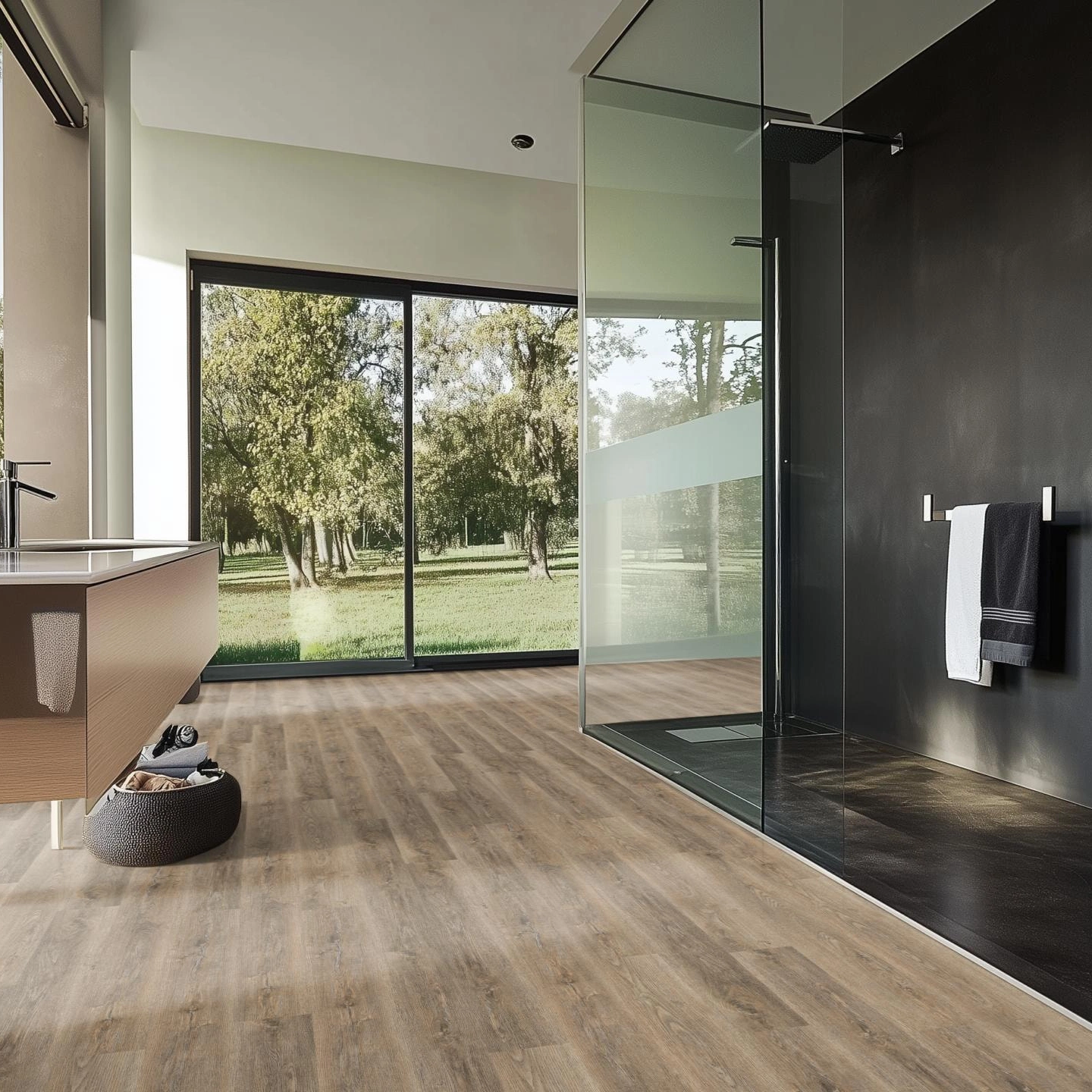 Milieubild Modernes Badezimmer mit bodentiefer Dusche - nexflor Rigid Klick-Vinyl Apollo Click Collection Corinth Oak Milieubild Modernes Badezimmer mit bodentiefer Dusche - nexflor NXF-60030-003
