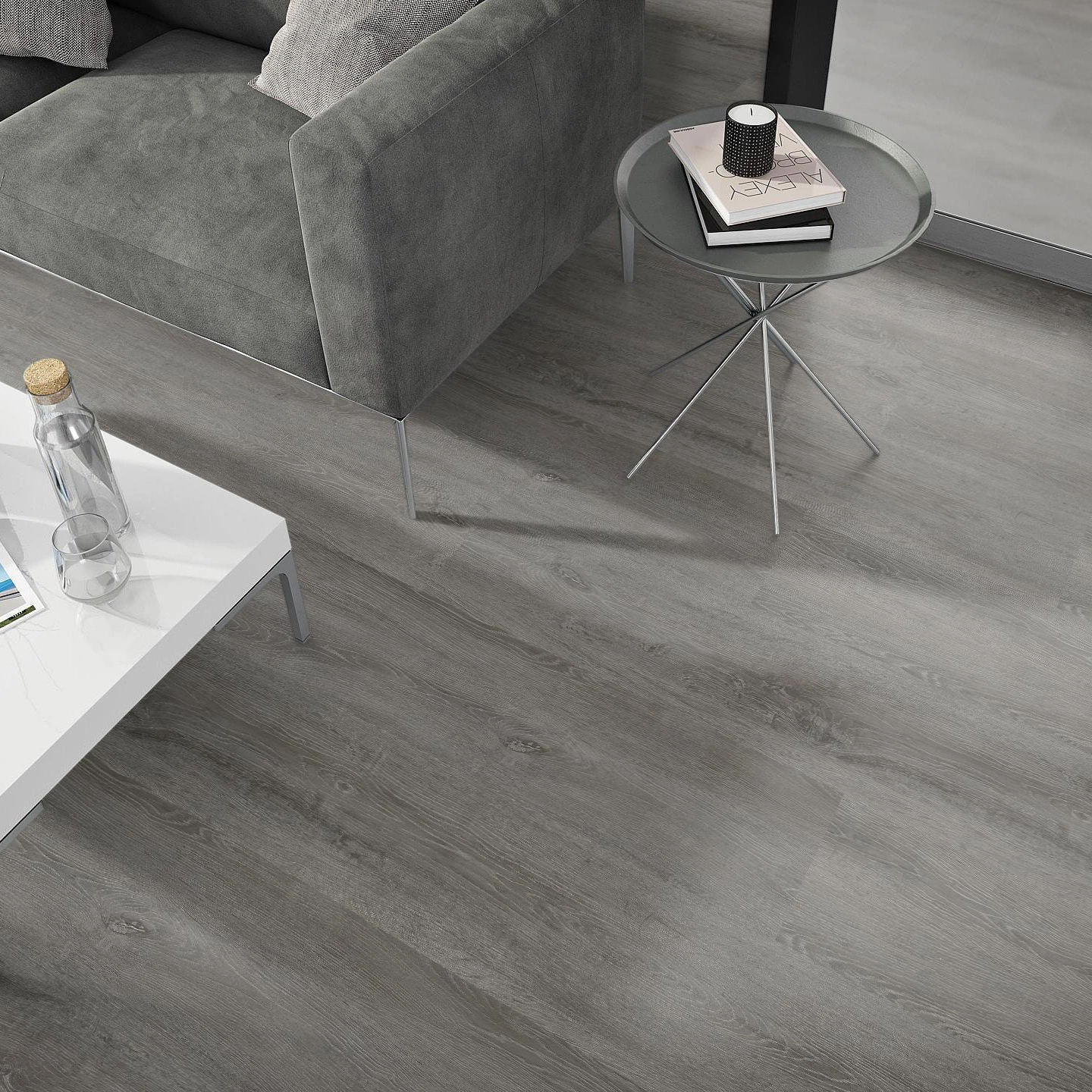 Milieubild Wohnzimmer - Sofa mit Beistelltisch und Glastür - nexflor Rigid Klick-Vinyl Helios Click Collection Arcadia Oak Milieubild Wohnzimmer - Sofa mit Beistelltisch und Glastür - nexflor NXF-20030-005