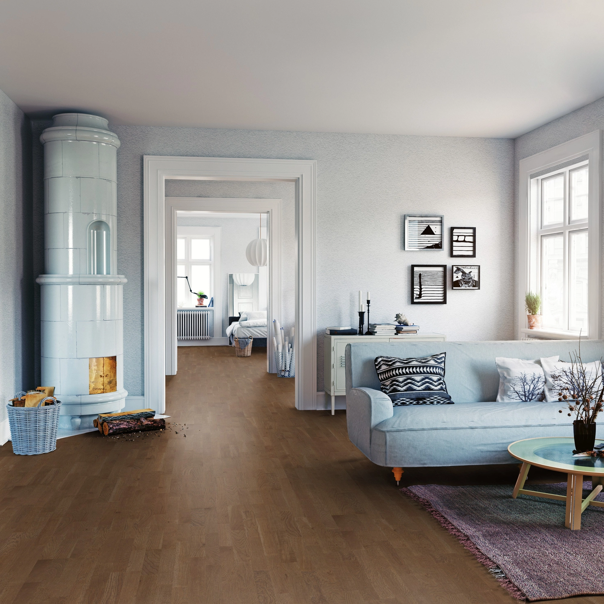 Milieubild Wohnzimmer mit Sofa und Kachelofen - ter Hürne Parkett Tailored Collection Eiche Burgund Milieubild Wohnzimmer mit Sofa und Kachelofen - ter Hürne 1101312517