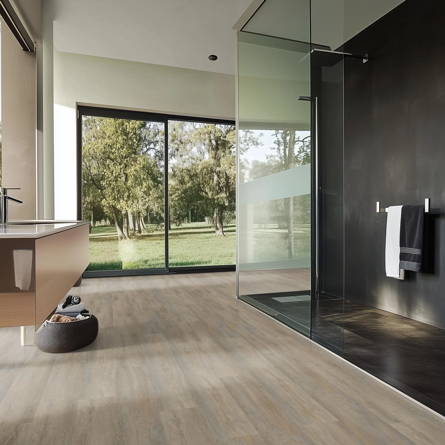 Milieubild Modernes Badezimmer mit bodentiefer Dusche - nexflor Rigid Klick-Vinyl Helios Click Collection Alexandria Oak Milieubild Modernes Badezimmer mit bodentiefer Dusche - nexflor NXF-20030-006
