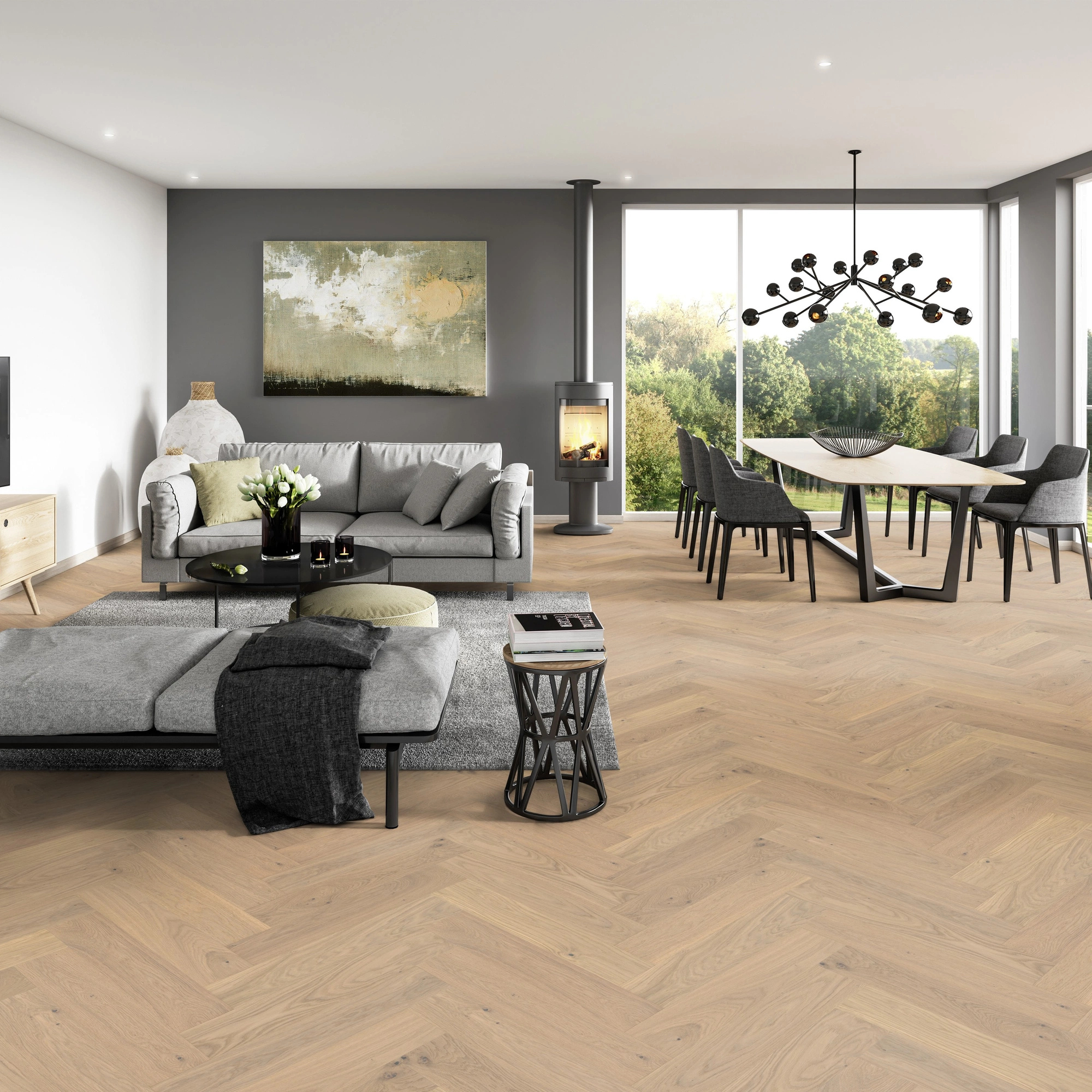 Milieubild Modernes Wohnzimmer mit Essbereich - ter Hürne Parkett Estate Collection OLIO Eiche Avignon Milieubild Modernes Wohnzimmer mit Essbereich - ter Hürne 1101312670