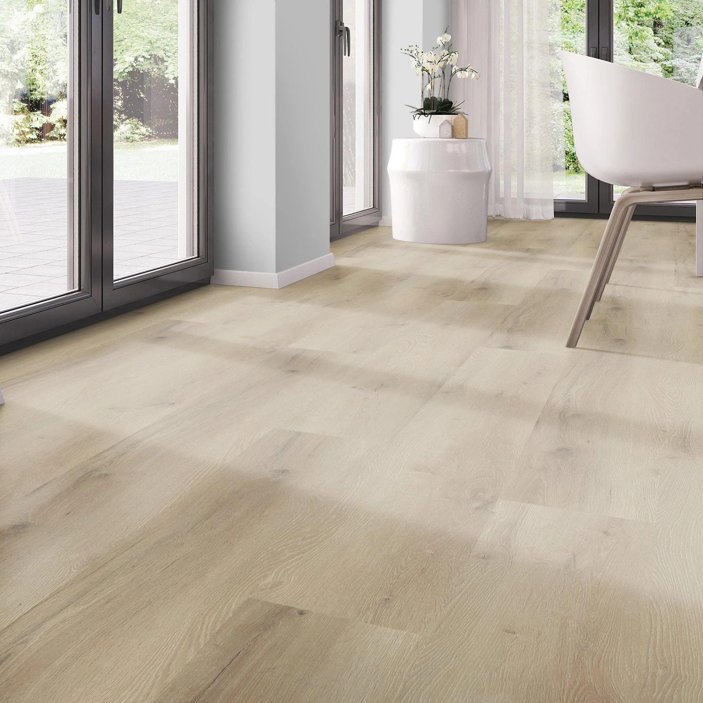 Milieubild Modernes Esszimmer - bodentiefe Perspektive - nexflor Rigid Klick-Vinyl Helios Click Collection Ithaca Oak Milieubild Modernes Esszimmer - bodentiefe Perspektive - nexflor NXF-20030-007