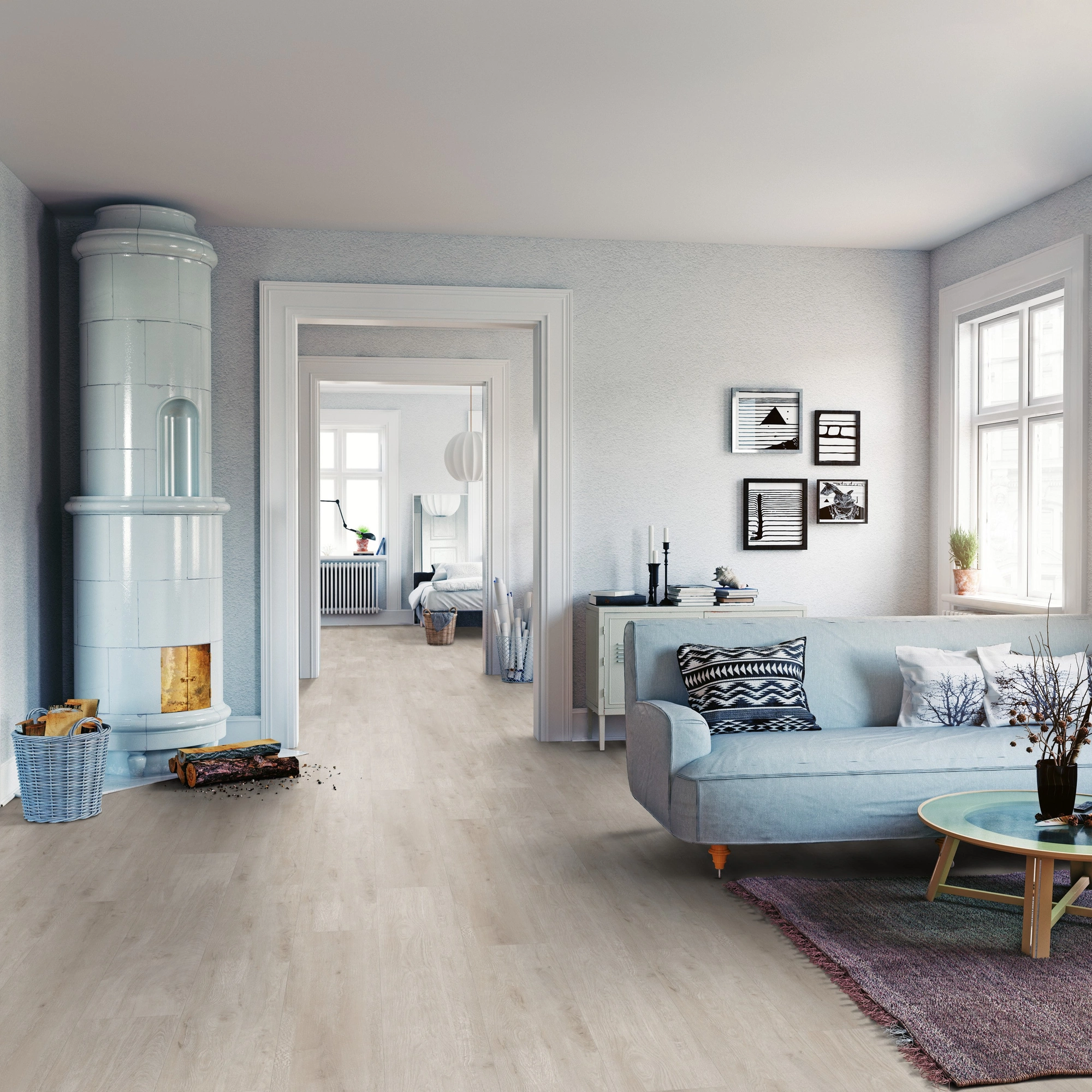 Milieubild Wohnzimmer mit Sofa und Kachelofen - ter Hürne Klebe-Vinyl Pro Grand Choice Eiche Odessa Milieubild Wohnzimmer mit Sofa und Kachelofen - ter Hürne 1101210413