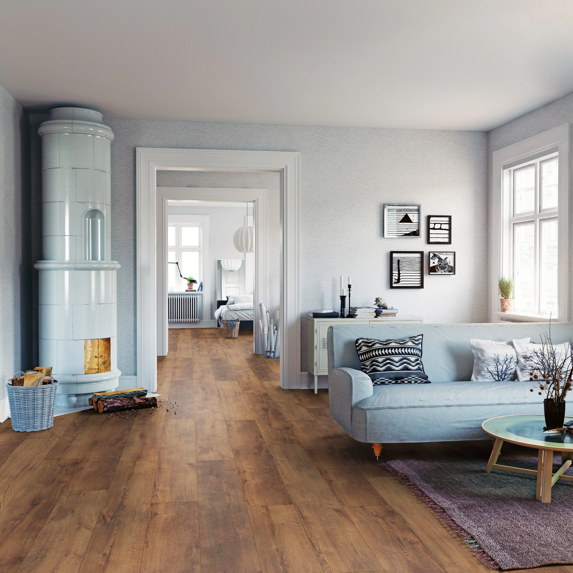 Milieubild Wohnzimmer mit Sofa und Kachelofen - ter Hürne HDF Klick-Designboden Dureco Silent Grand Edition Eiche Tonga Milieubild Wohnzimmer mit Sofa und Kachelofen - ter Hürne 1101330011