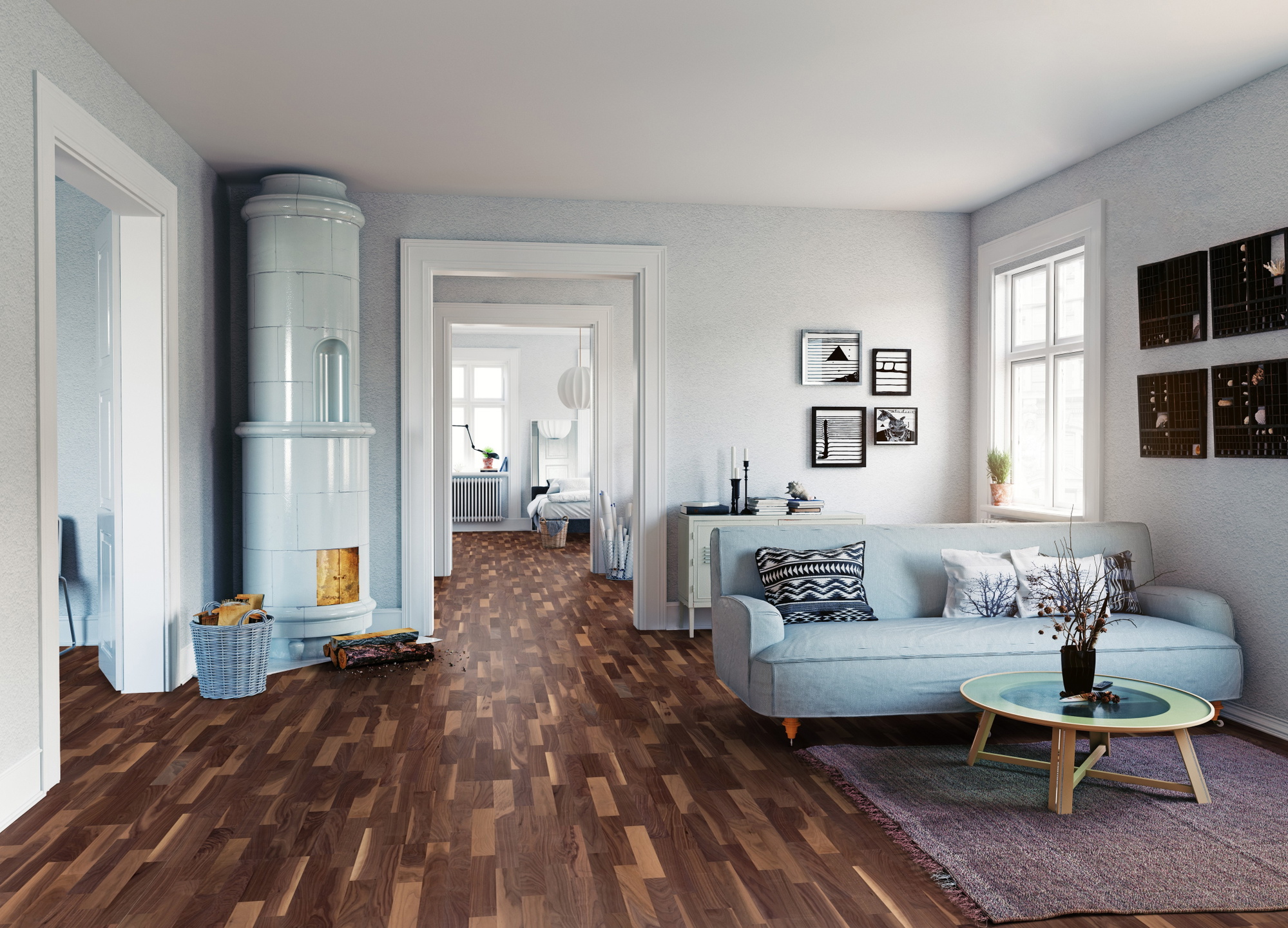 Milieubild Wohnzimmer mit Sofa und Kachelofen - ter Hürne Parkett Pride Of Nature Collection Nussbaum Milieubild Wohnzimmer mit Sofa und Kachelofen - ter Hürne 1101011529