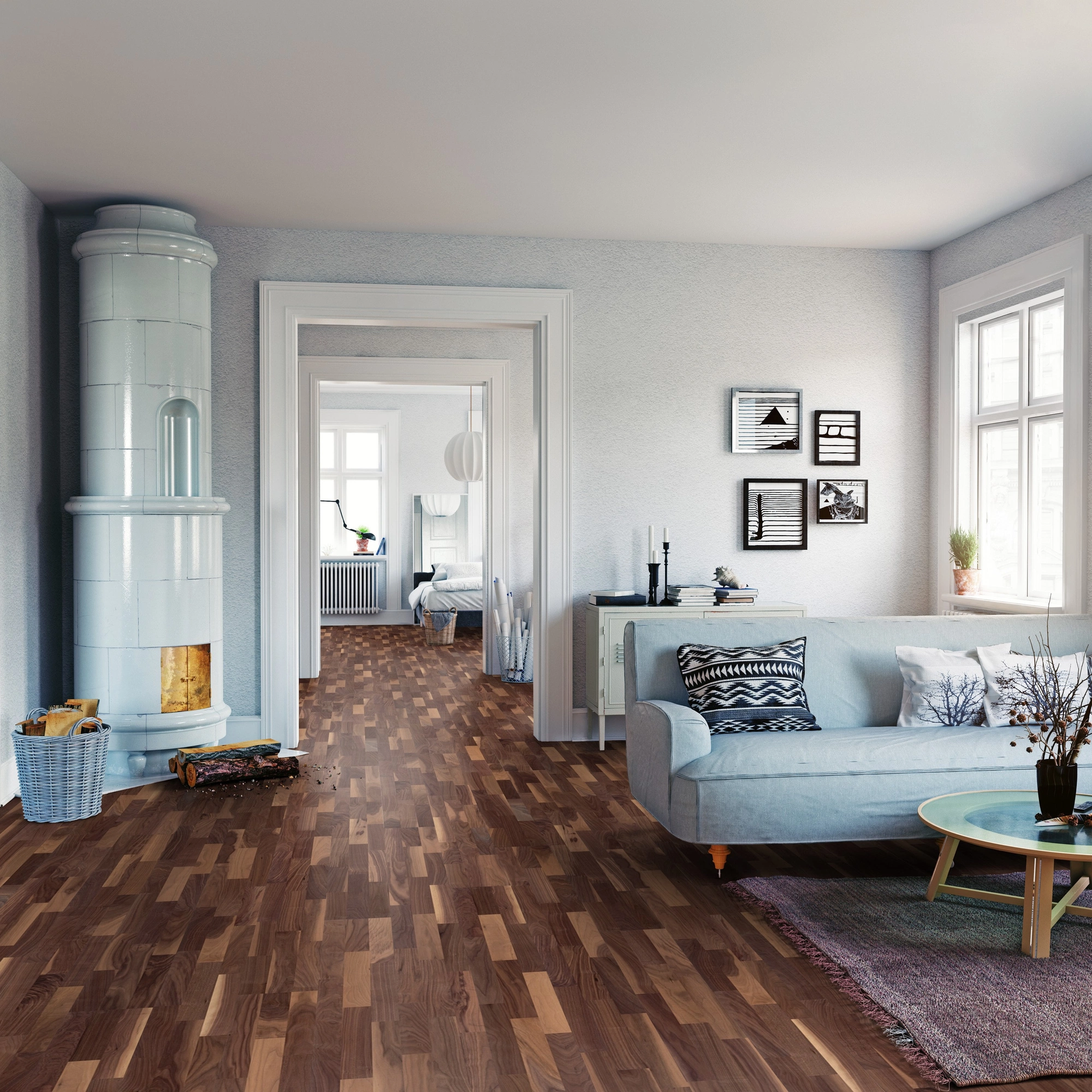 Milieubild Wohnzimmer mit Sofa und Kachelofen - ter Hürne Parkett Pride Of Nature Collection Nussbaum Milieubild Wohnzimmer mit Sofa und Kachelofen - ter Hürne 1101011529