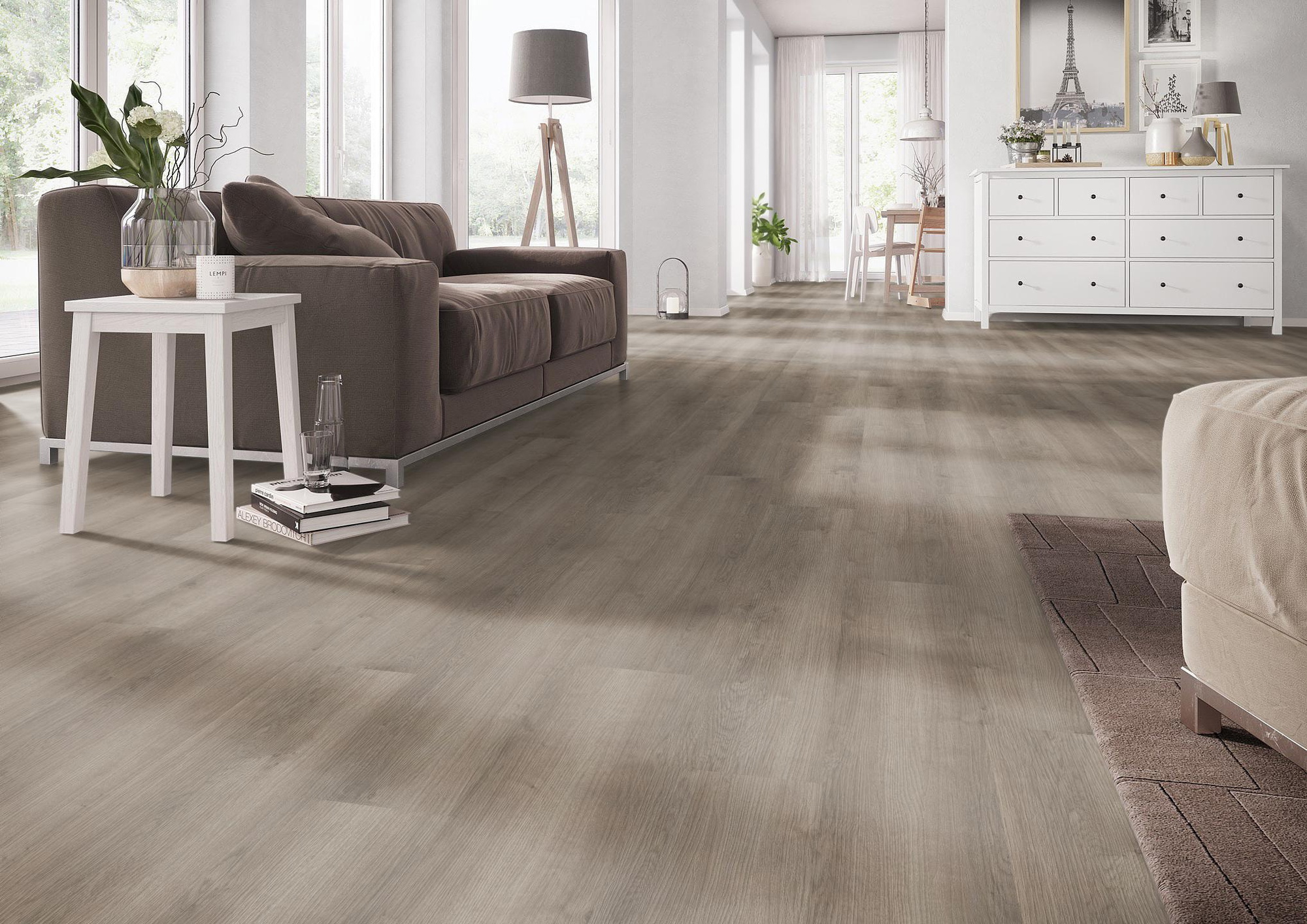 Milieubild Wohnzimmer mit Couch - nexflor Rigid Klick-Vinyl Apollo Click Collection Athens Oak Milieubild Wohnzimmer mit Couch - nexflor NXF-60030-001