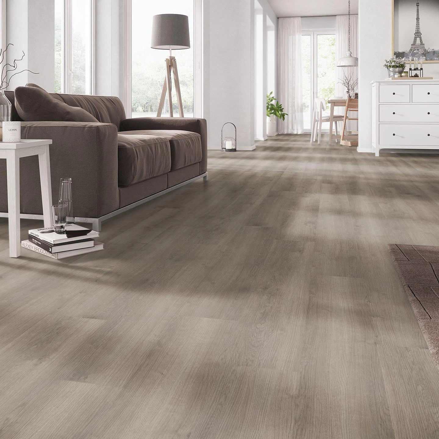 Milieubild Wohnzimmer mit Couch - nexflor Rigid Klick-Vinyl Apollo Click Collection Athens Oak Milieubild Wohnzimmer mit Couch - nexflor NXF-60030-001