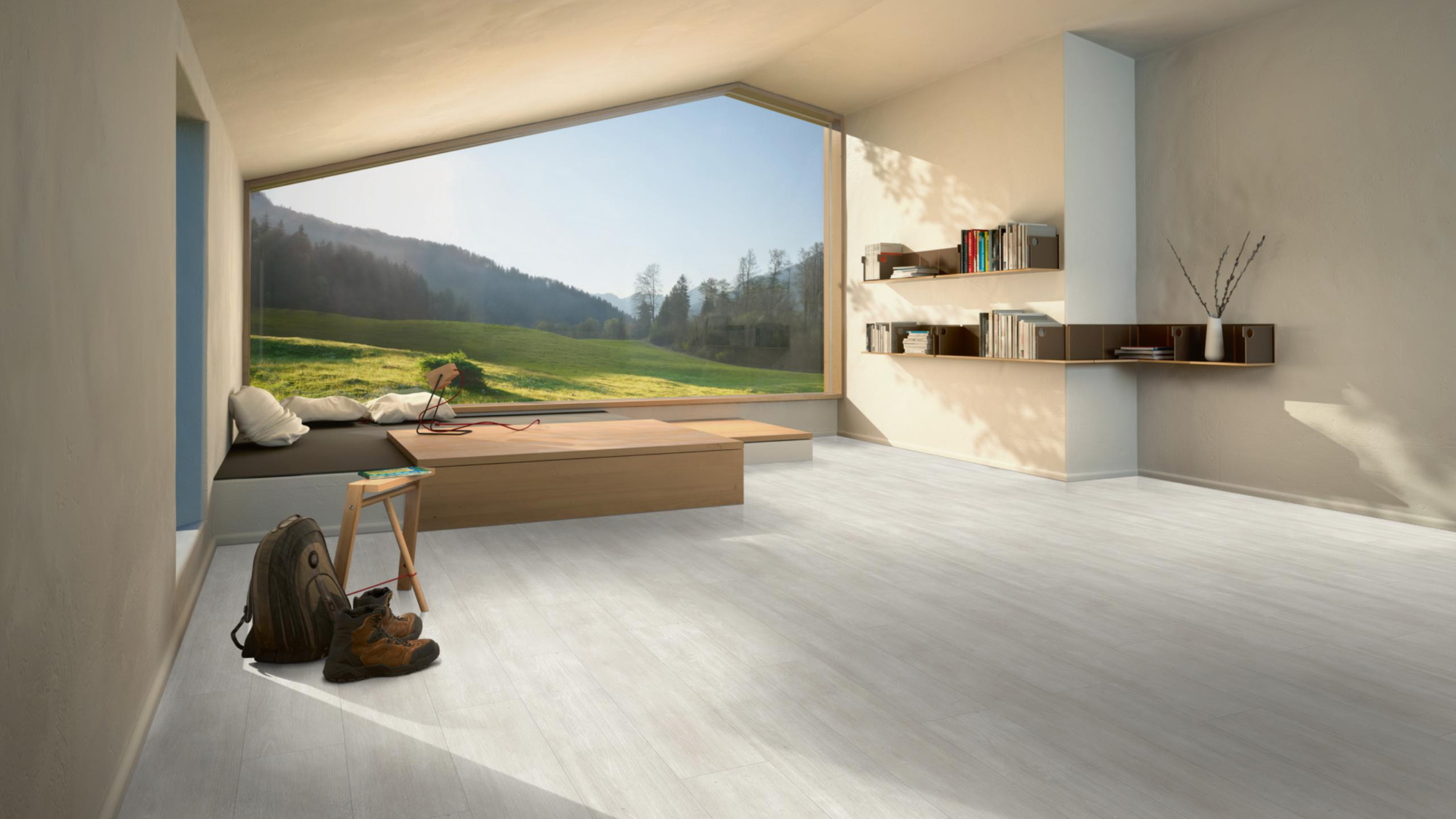 Milieubild Moderne Hütte mit Blick in die Natur - Parador HDF Klick-Designboden Modular ONE Eiche Nordic weiß Milieubild Moderne Hütte mit Blick in die Natur - Parador 1744547
