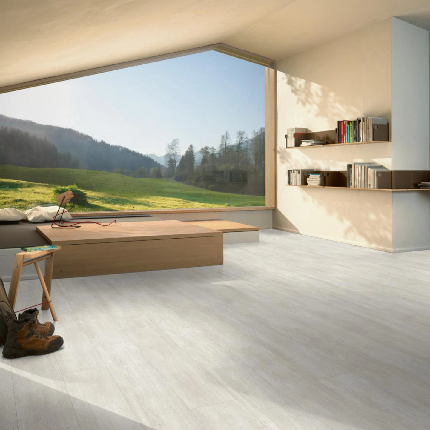 Milieubild Moderne Hütte mit Blick in die Natur - Parador HDF Klick-Designboden Modular ONE Eiche Nordic weiß Milieubild Moderne Hütte mit Blick in die Natur - Parador 1744547