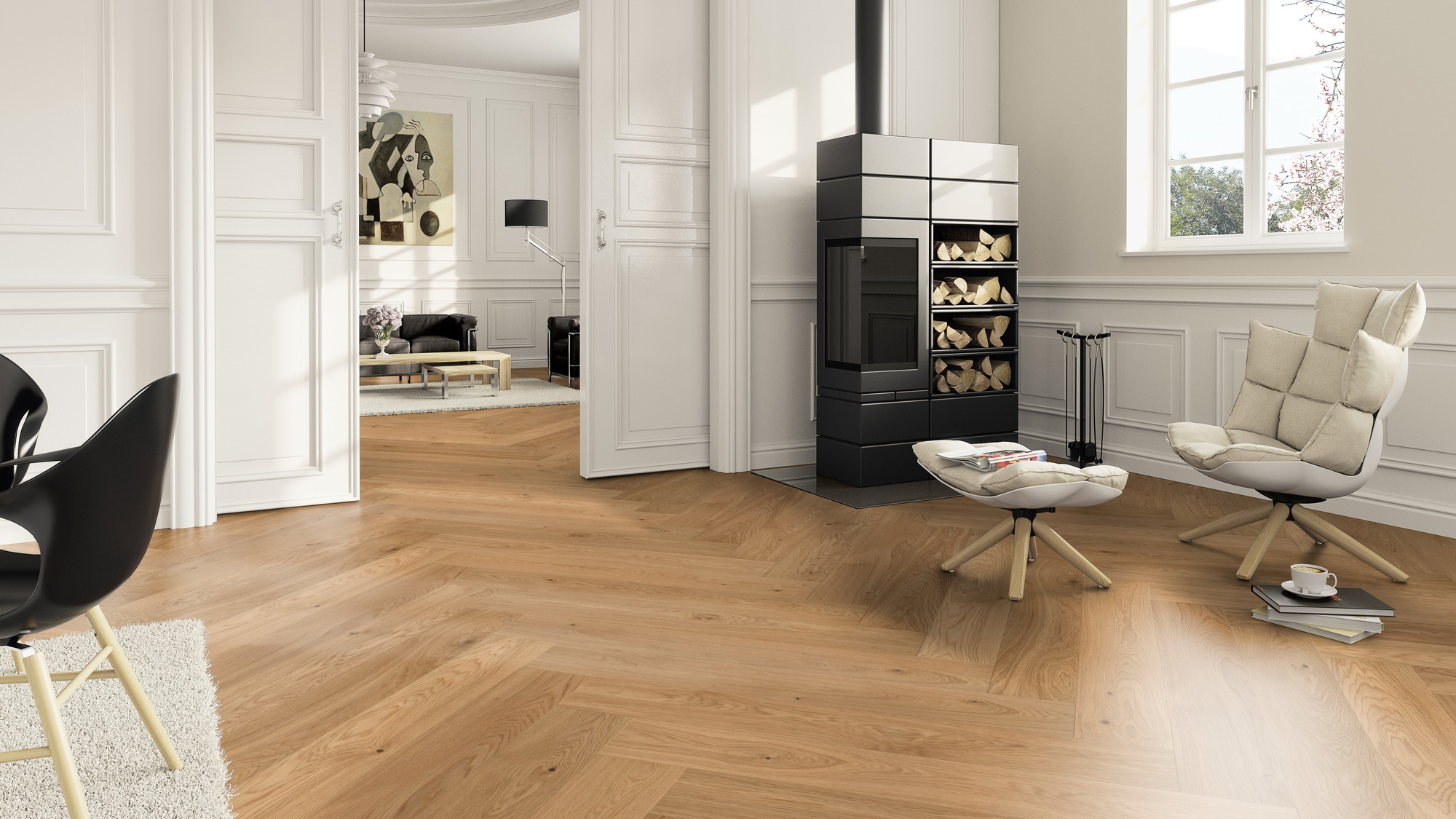 Milieubild Wohnzimmer im Landhaus-Stil mit Kamin - ter Hürne Parkett Light Collection OLIO Eiche Tropez Milieubild Wohnzimmer im Landhaus-Stil mit Kamin - ter Hürne 1101312816