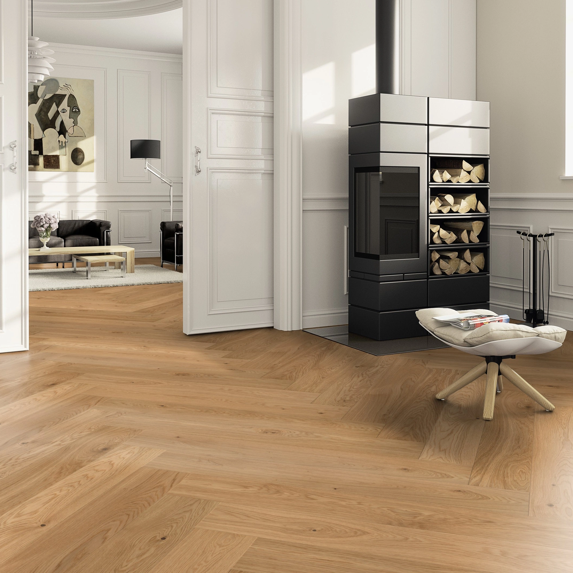 Milieubild Wohnzimmer im Landhaus-Stil mit Kamin - ter Hürne Parkett Light Collection OLIO Eiche Tropez Milieubild Wohnzimmer im Landhaus-Stil mit Kamin - ter Hürne 1101312816