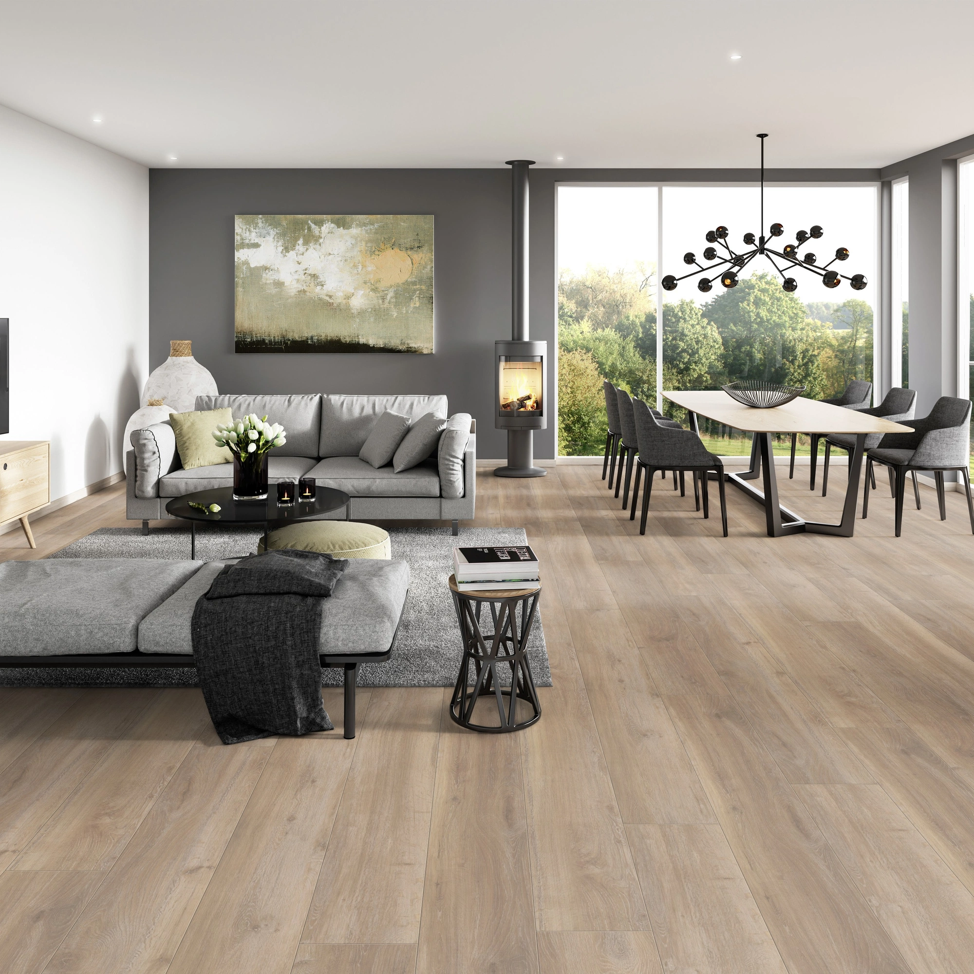 Milieubild Modernes Wohnzimmer mit Essbereich - ter Hürne Laminat Grand Edition Eiche Candy Shop Milieubild Modernes Wohnzimmer mit Essbereich - ter Hürne 1101021829