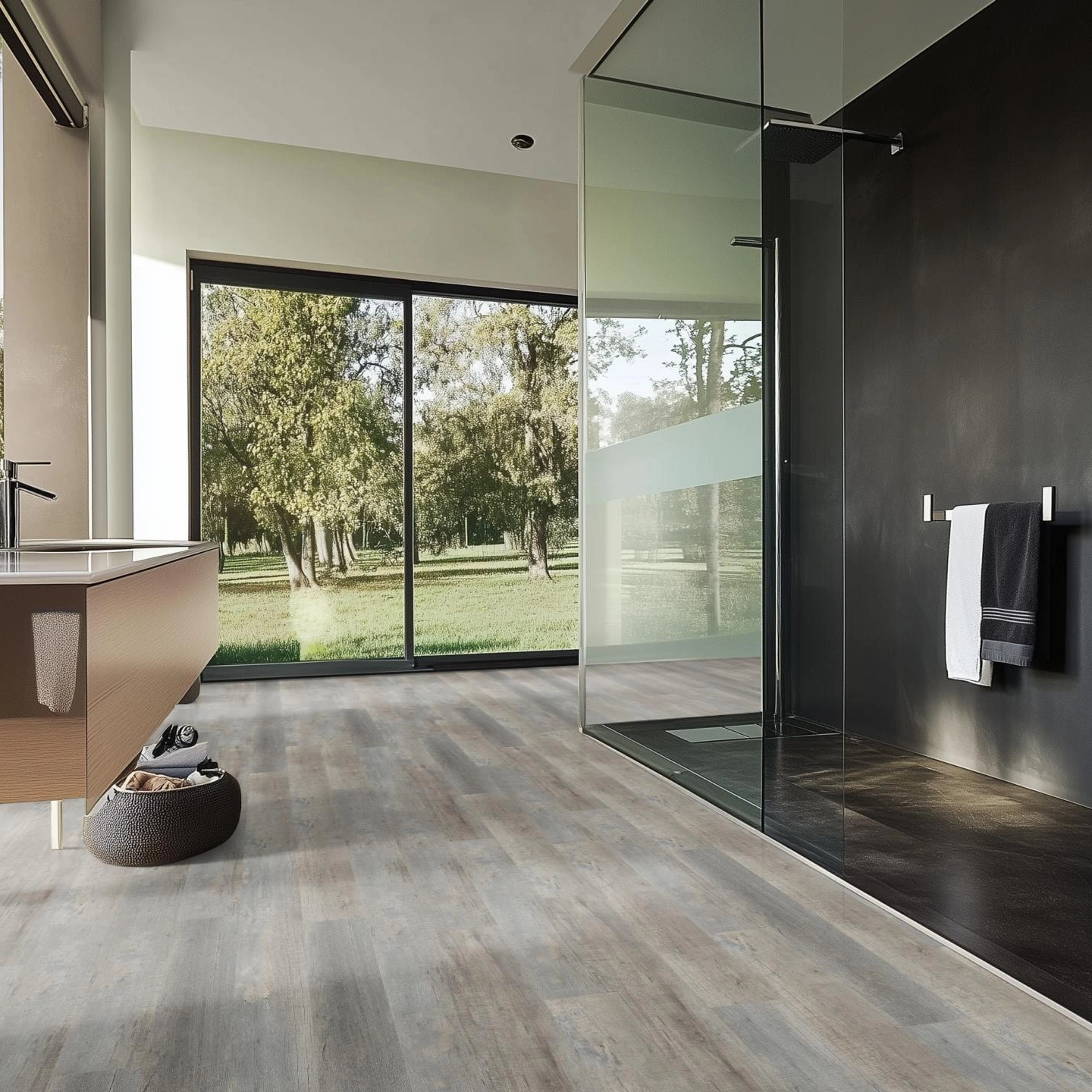 Milieubild Modernes Badezimmer mit bodentiefer Dusche - nexflor Rigid Klick-Vinyl Apollo Click Collection Argos Oak Milieubild Modernes Badezimmer mit bodentiefer Dusche - nexflor NXF-60030-011