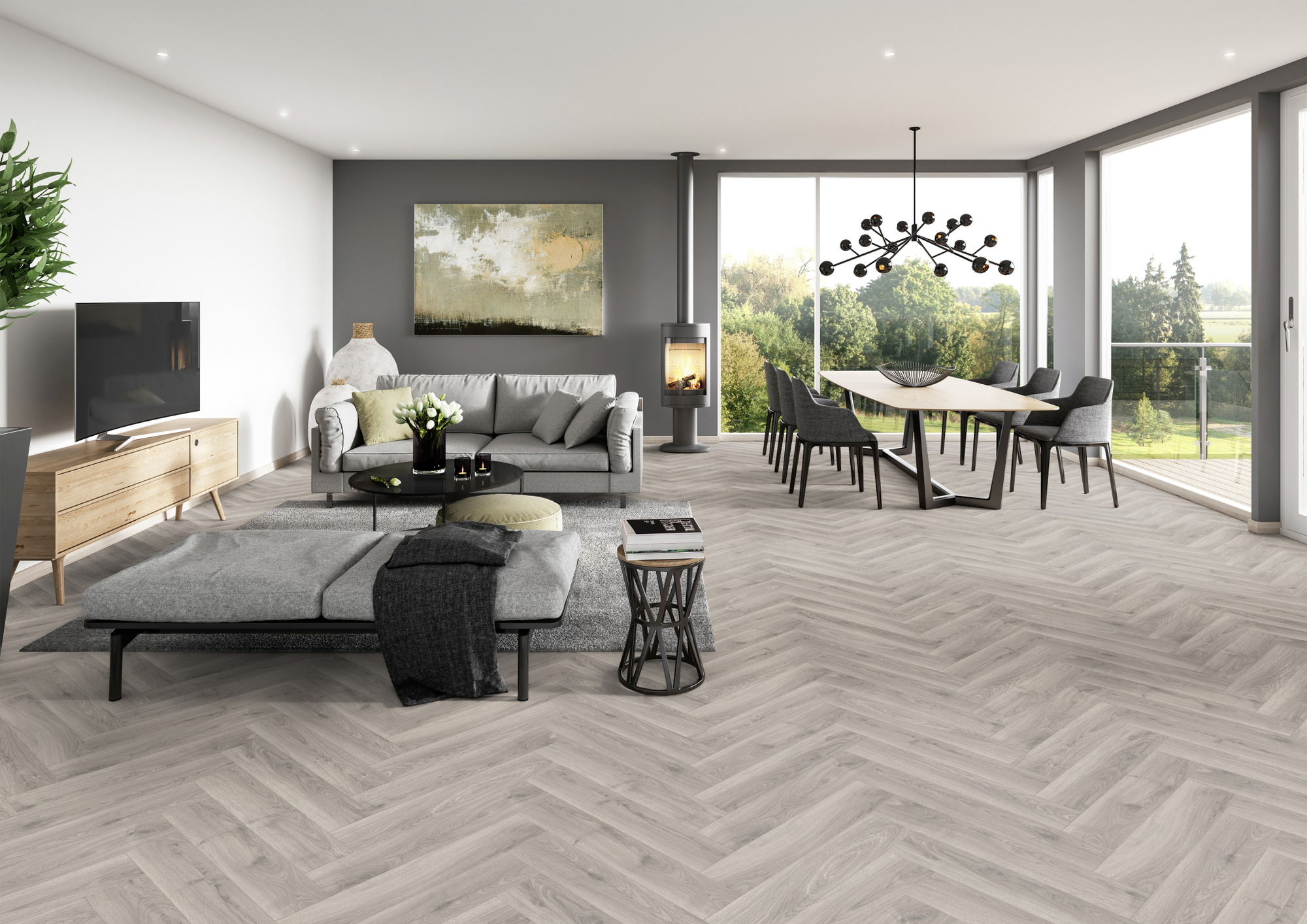 Milieubild Modernes Wohnzimmer mit Essbereich - ter Hürne Laminat Herringbone Edition Eiche Atelier Milieubild Modernes Wohnzimmer mit Essbereich - ter Hürne 1101021850