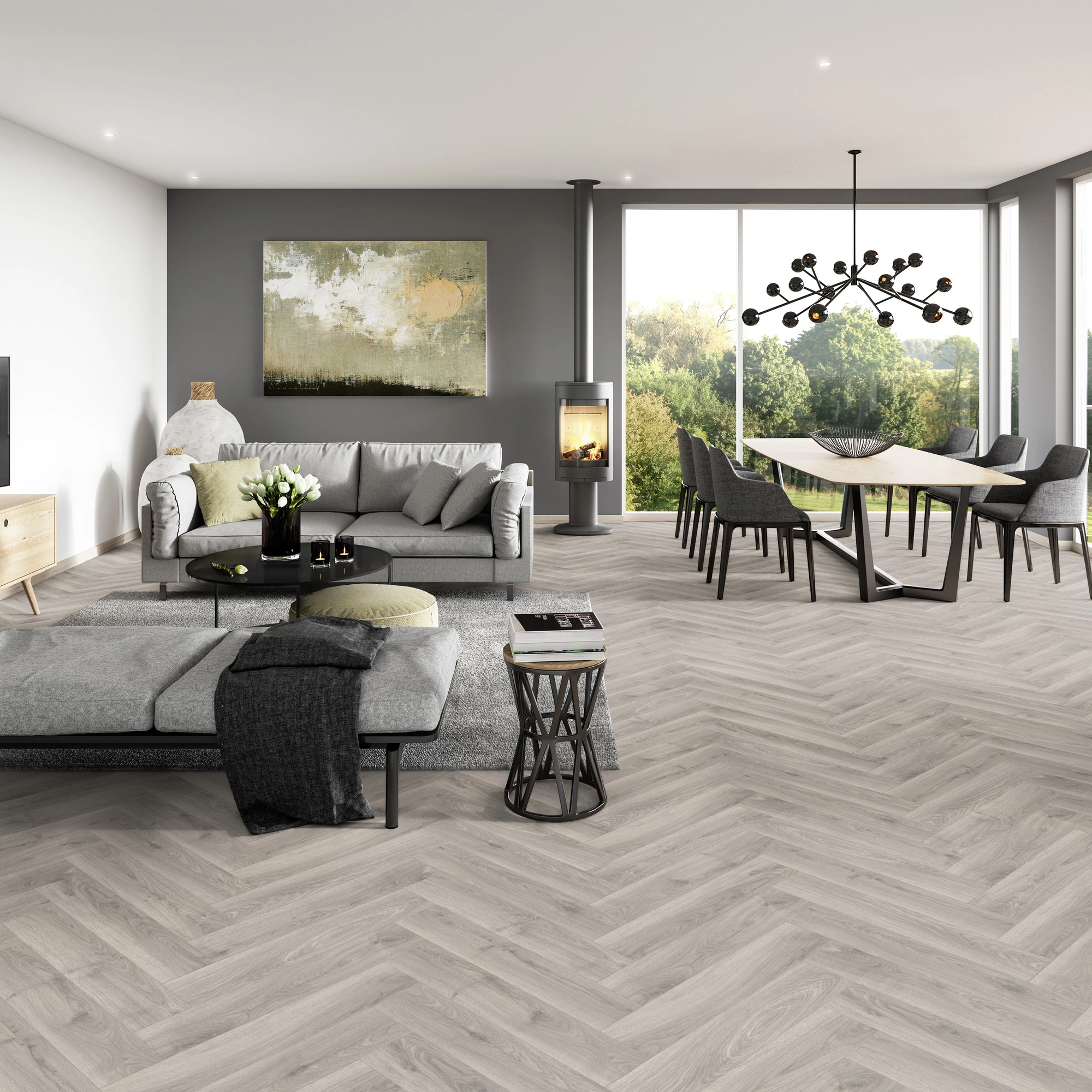 Milieubild Modernes Wohnzimmer mit Essbereich - ter Hürne Laminat Herringbone Edition Eiche Atelier Milieubild Modernes Wohnzimmer mit Essbereich - ter Hürne 1101021850