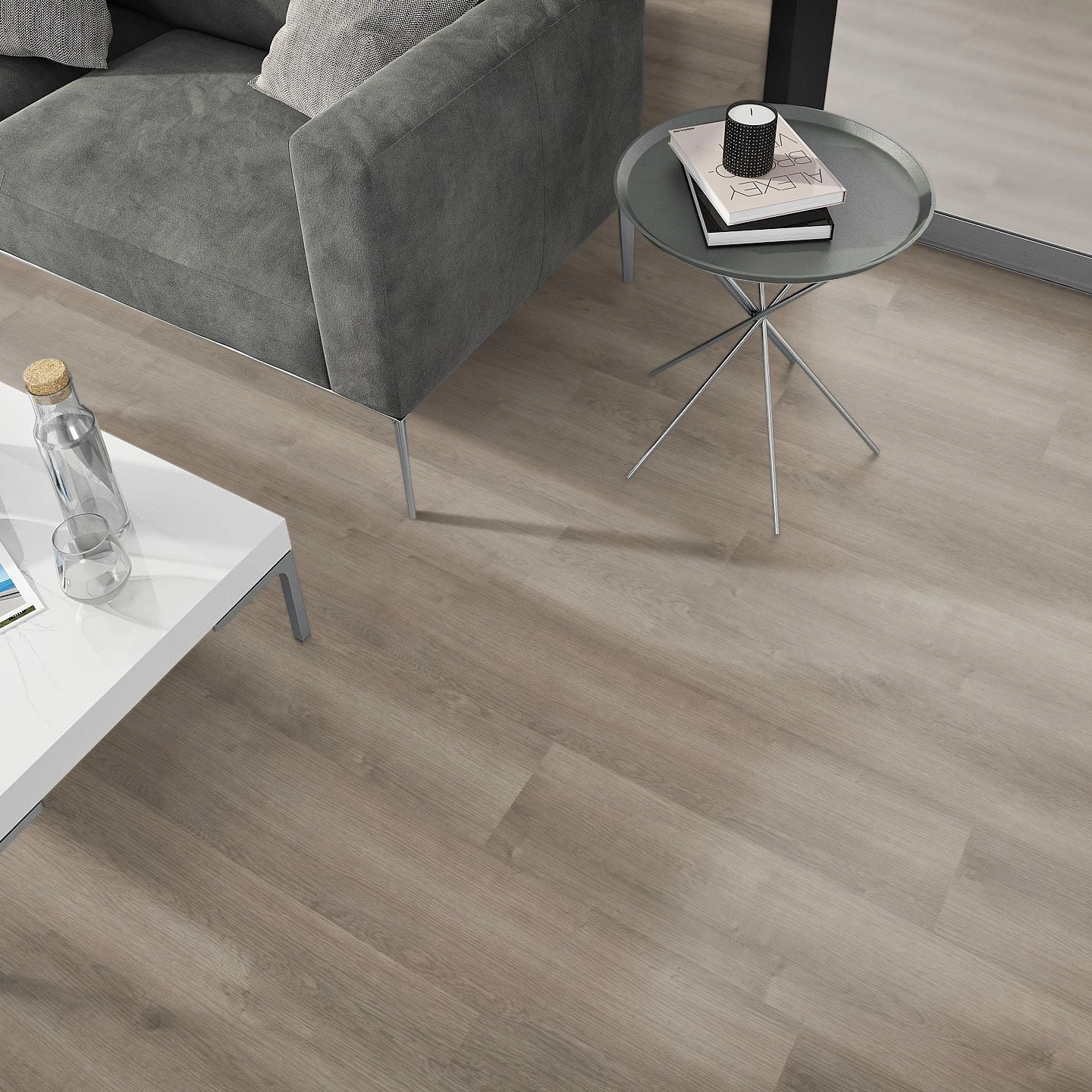 Milieubild Wohnzimmer - Sofa mit Beistelltisch und Glastür - nexflor Rigid Klick-Vinyl Apollo Click Collection Athens Oak Milieubild Wohnzimmer - Sofa mit Beistelltisch und Glastür - nexflor NXF-60030-001