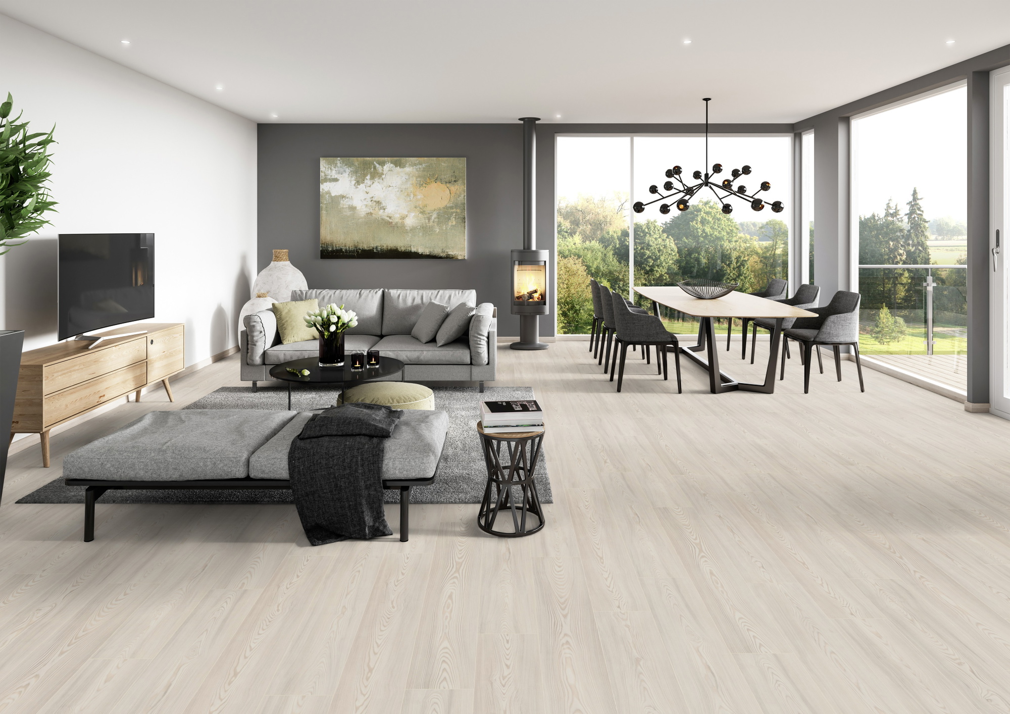 Milieubild Modernes Wohnzimmer mit Essbereich - ter Hürne Klick-Designboden Dureco Strong Classic Edition Lärche Bornholm Milieubild Modernes Wohnzimmer mit Essbereich - ter Hürne 1101260040