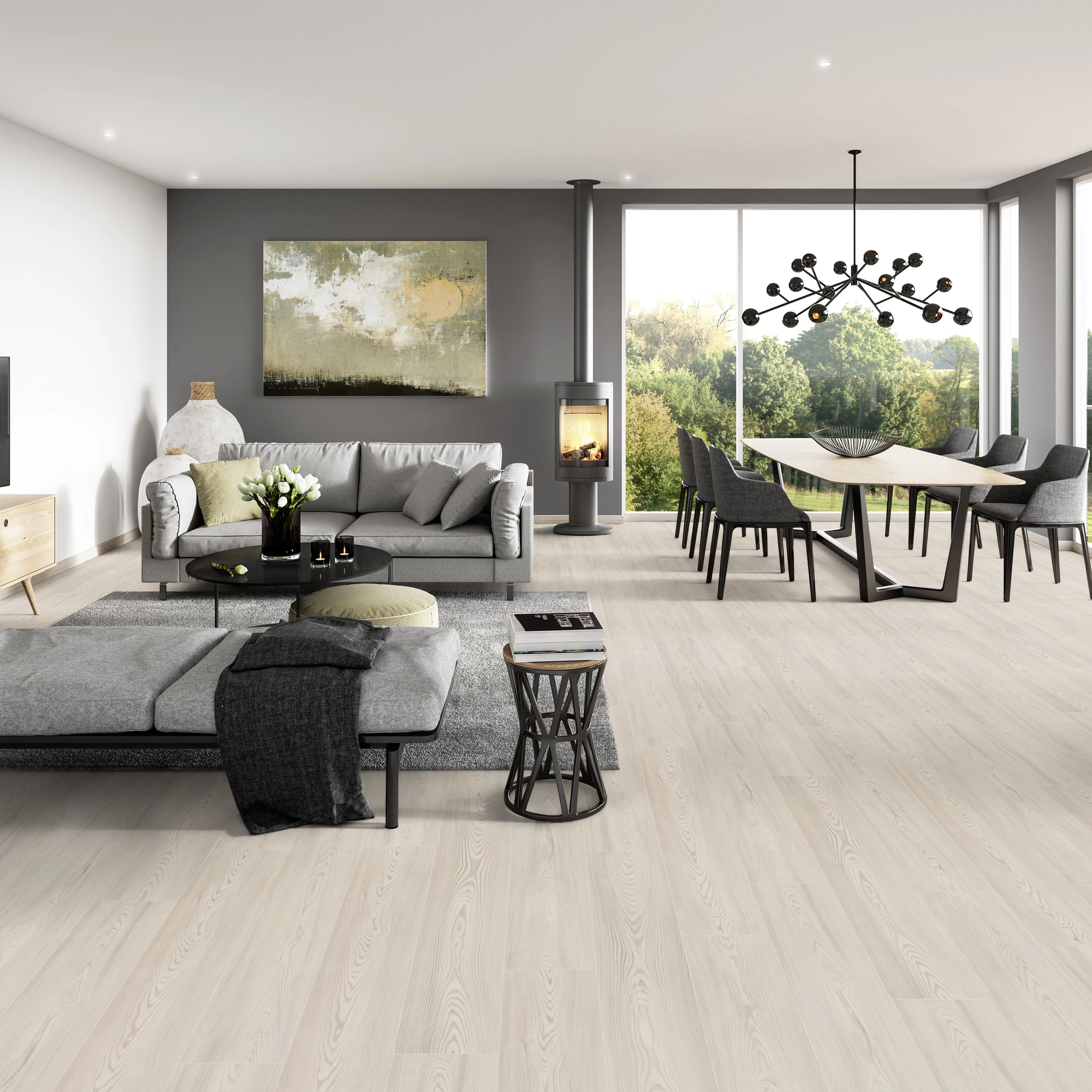 Milieubild Modernes Wohnzimmer mit Essbereich - ter Hürne Klick-Designboden Dureco Strong Classic Edition Lärche Bornholm Milieubild Modernes Wohnzimmer mit Essbereich - ter Hürne 1101260040