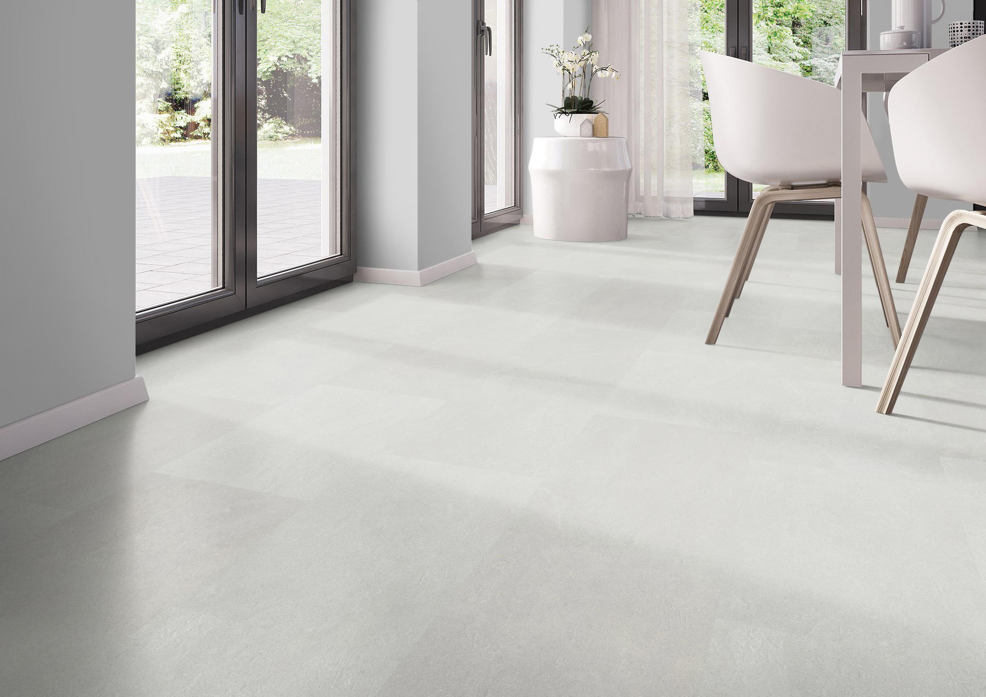Milieubild Modernes Esszimmer - bodentiefe Perspektive - nexflor Rigid Klick-Vinyl Oreios Click Collection Oros Milieubild Modernes Esszimmer - bodentiefe Perspektive - nexflor NXF-62030-001