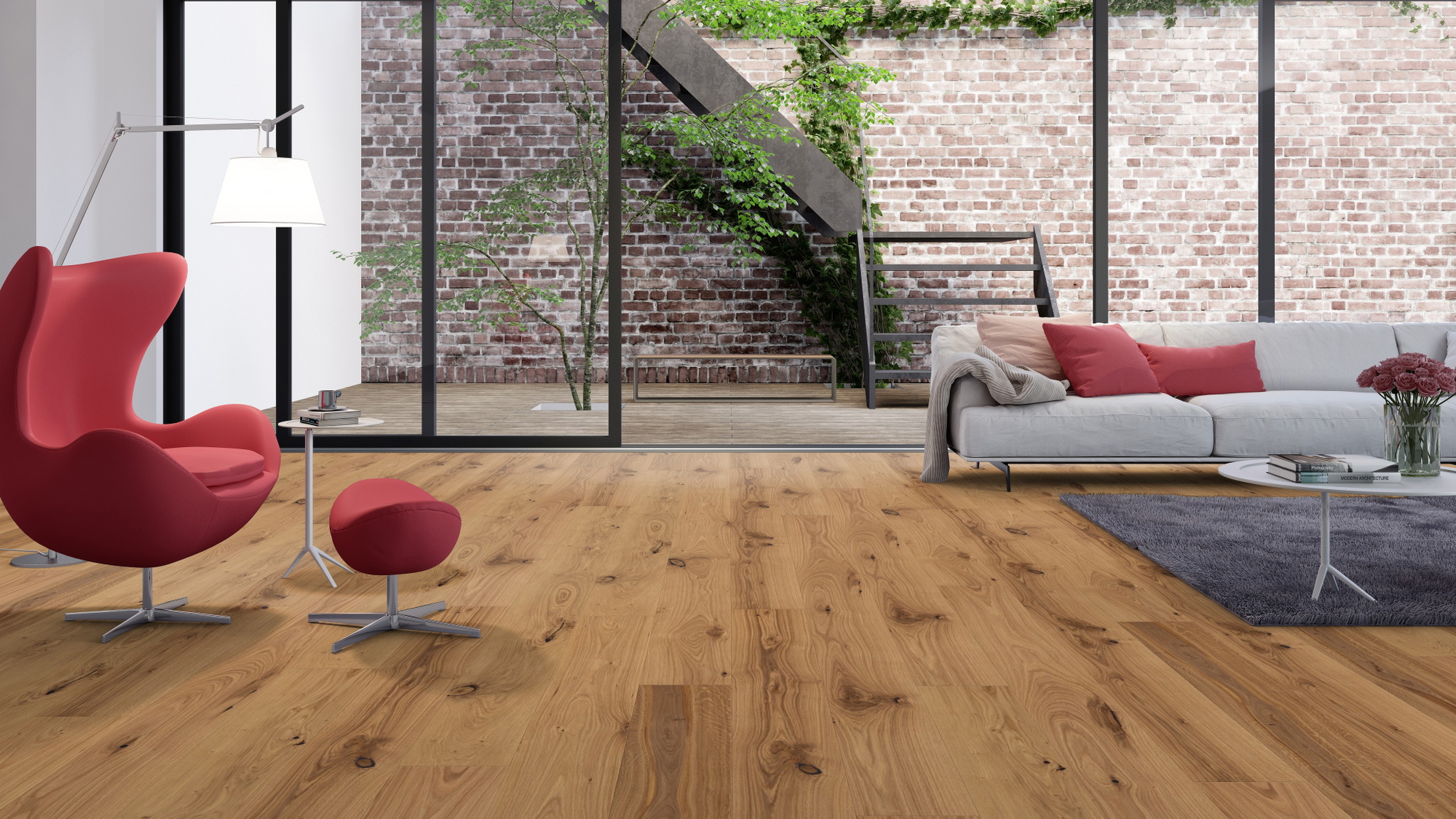 Milieubild Wohnzimmer mit Zugang zum Innenhof - Admonter Parkett FLOORs Eiche Rustic Milieubild Wohnzimmer mit Zugang zum Innenhof - Admonter 106189